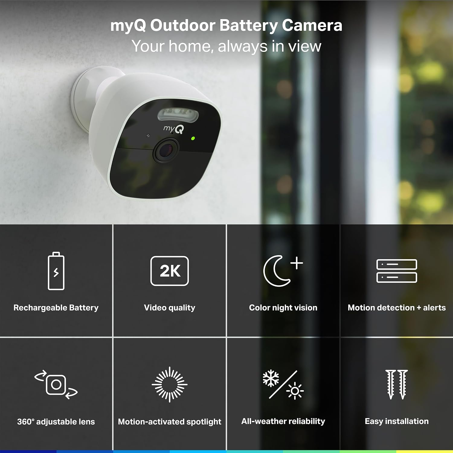 Chamberlain myQ Outdoor Battery Camera | 2K Camera, Color Night Vision, Spotlight, Motion Alerts, Live View with Two-Way Talk, Wireless, Weather-Resistant, Outdoor, White, 2 Pack