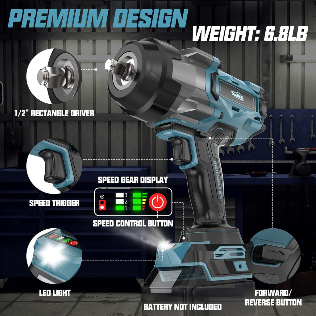 Cordless Impact Wrench 1/2' Compatible with Makita 18V Battery, 1600Ft-lbs(2200N.m) High Torque Impact Gun Heavy Duty, Brushless Electric Power Impact Driver with 4 Speed Modes & LED Work Light