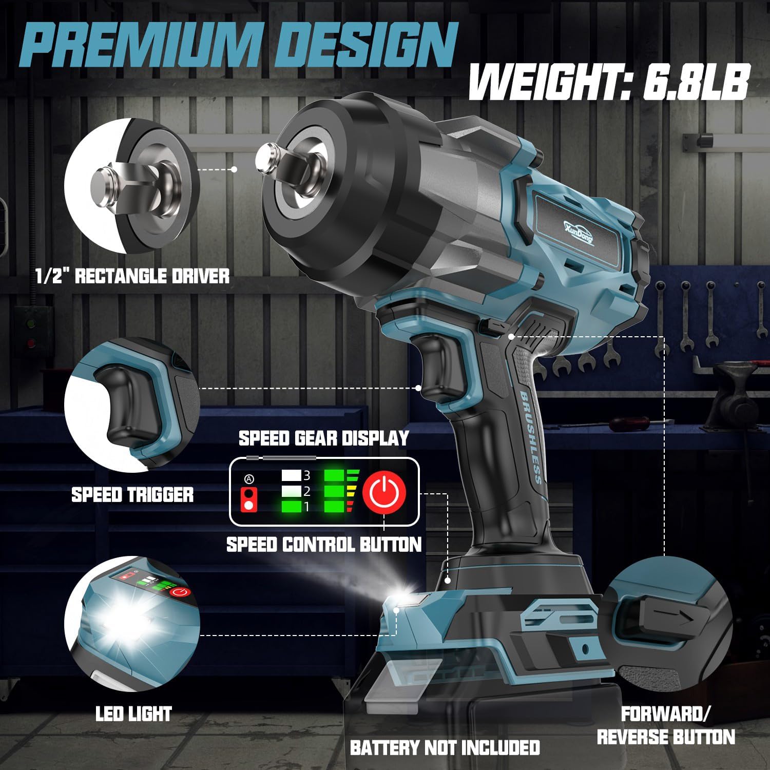 Cordless Impact Wrench 1/2' Compatible with Makita 18V Battery, 1600Ft-lbs(2200N.m) High Torque Impact Gun Heavy Duty, Brushless Electric Power Impact Driver with 4 Speed Modes & LED Work Light