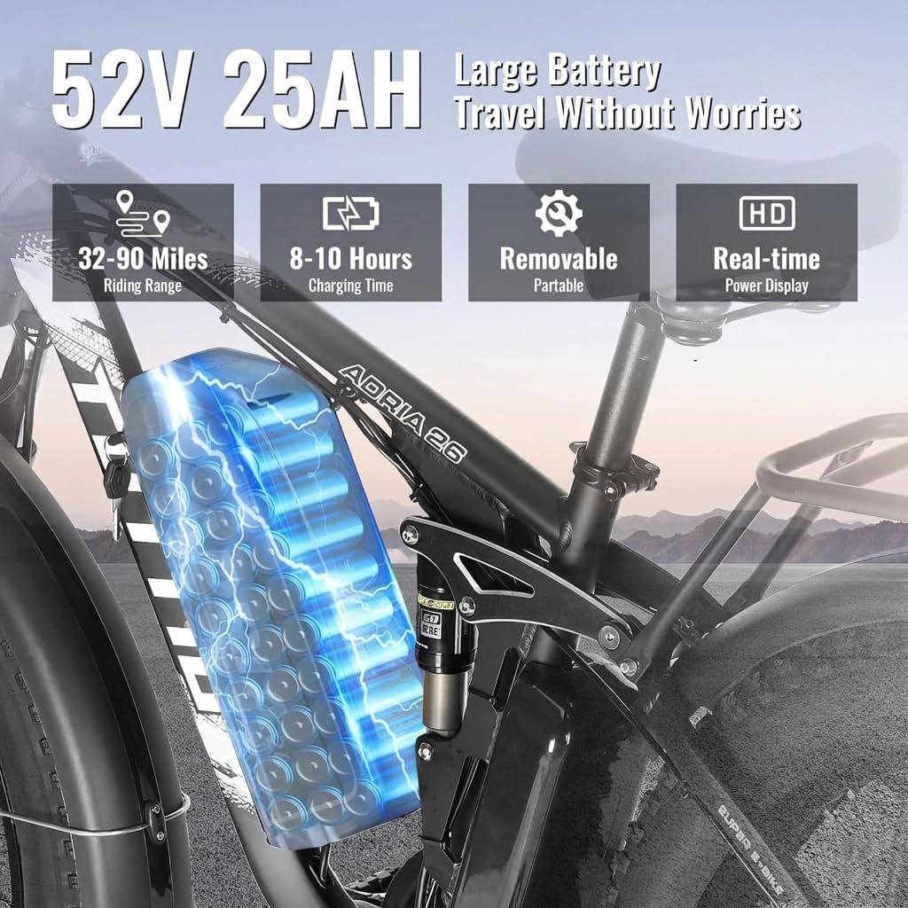 Tuttio-Adria26 6000W/5000W Peak Dual-Motor Ebike for Adults - 52V Fast Ebike, Long-Range Electric Bicycle, Full Suspension, 26 Inch Fat Tire Bike for Off-Road, Mountain, Snow, Hunting, Commuting