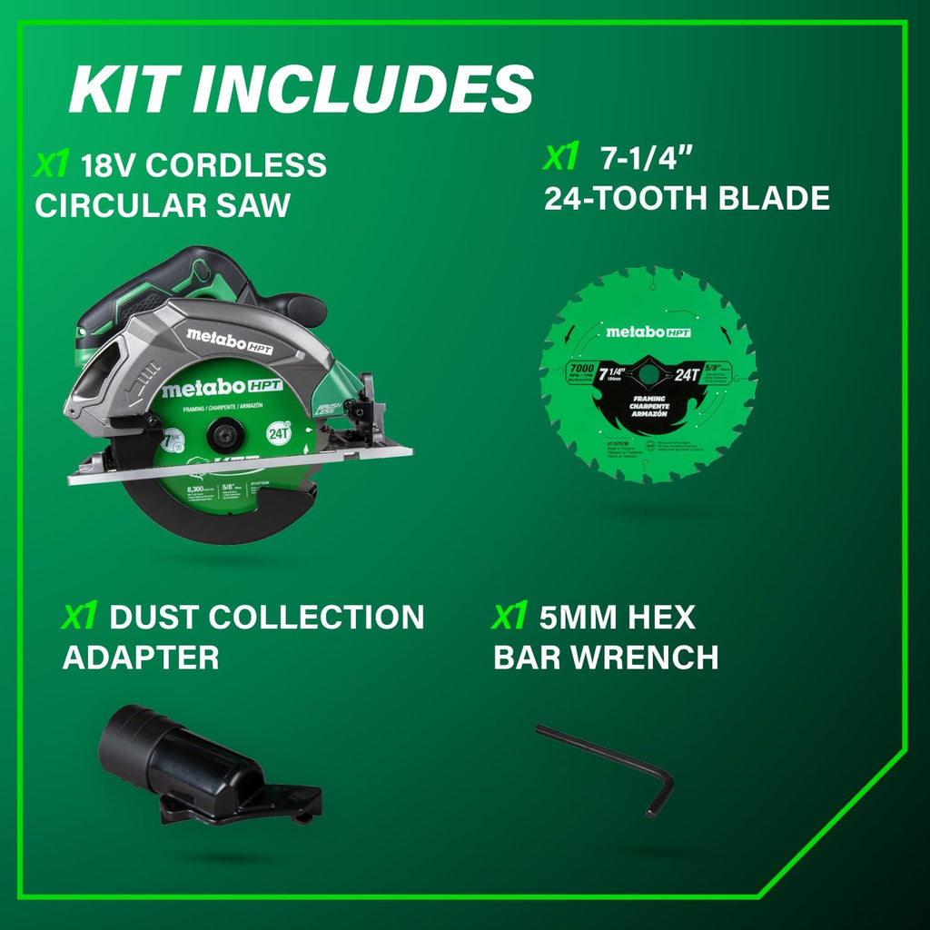 Metabo HPT 18V MultiVolt 7-1/4 Inch Cordless Circular Saw, High Torque, Lightweight Design, Up to 200 2x4 Cuts/Charge, Accepts 18V and 36V MultiVolt Metabo HPT Batteries, Tool Body Only, C1807DAQ4