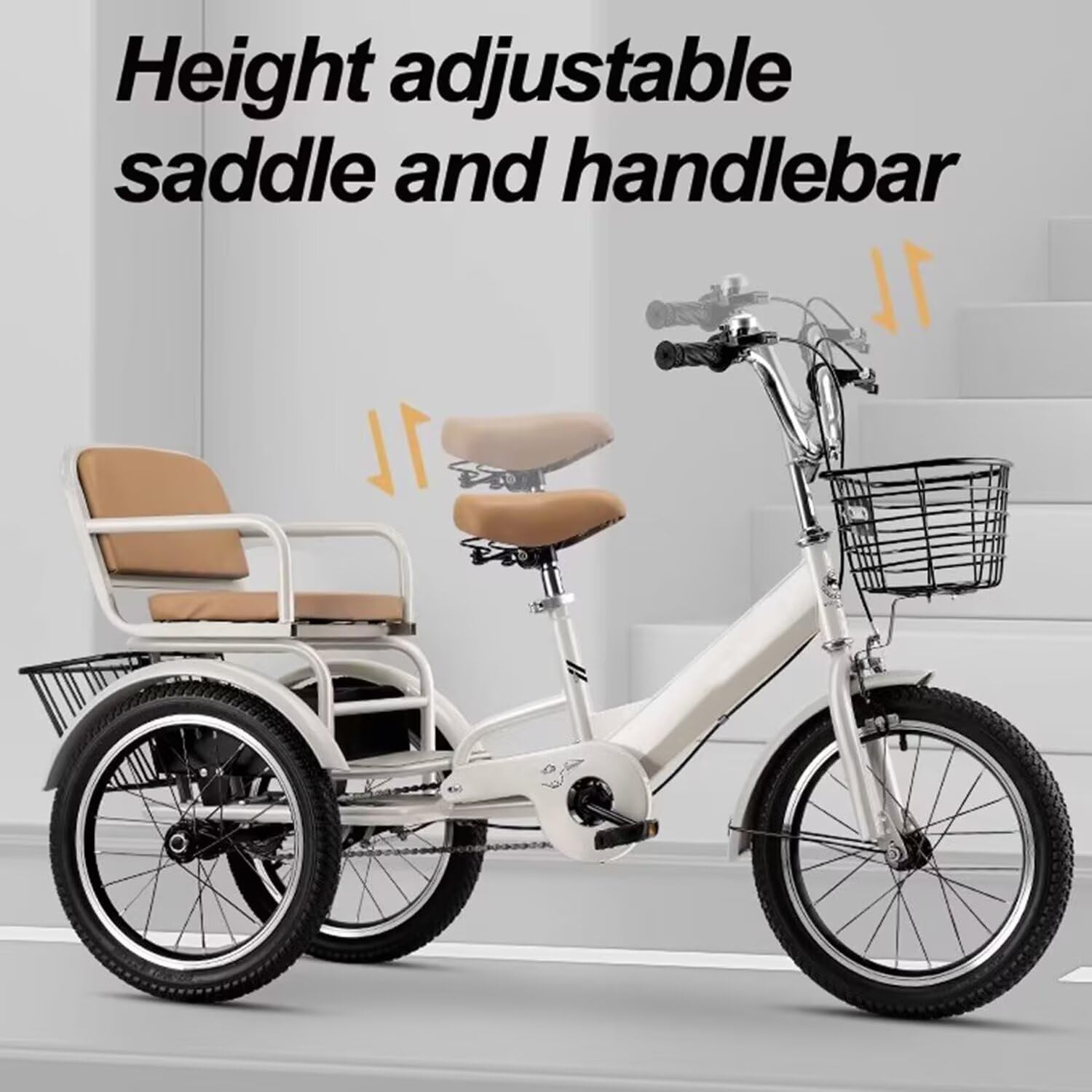 3 Wheels Bicycle,Rickshaw Tricycle with Pedals,Tandem Trike with Back seat,seat with Belt and armrest,Front and Rear Wheel Brakes,Outdoor Cruiser Bike,Pneumatic tire Spoke Wheels