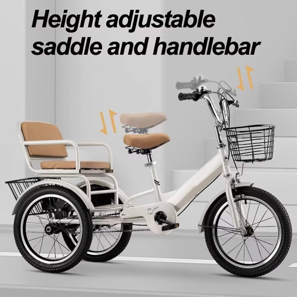 3 Wheels Bicycle,Rickshaw Tricycle with Pedals,Tandem Trike with Back seat,seat with Belt and armrest,Front and Rear Wheel Brakes,Outdoor Cruiser Bike,Pneumatic tire Spoke Wheels