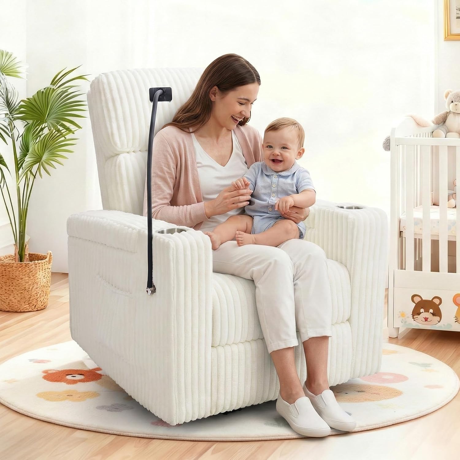 Power Recliner Chair Swivel Glider Rocking Chair Nursery Skin-Friendly Electirc Rocker Nursery Chair with Phone Holder, Hidden Storage, USB Charging, Corduroy Beige