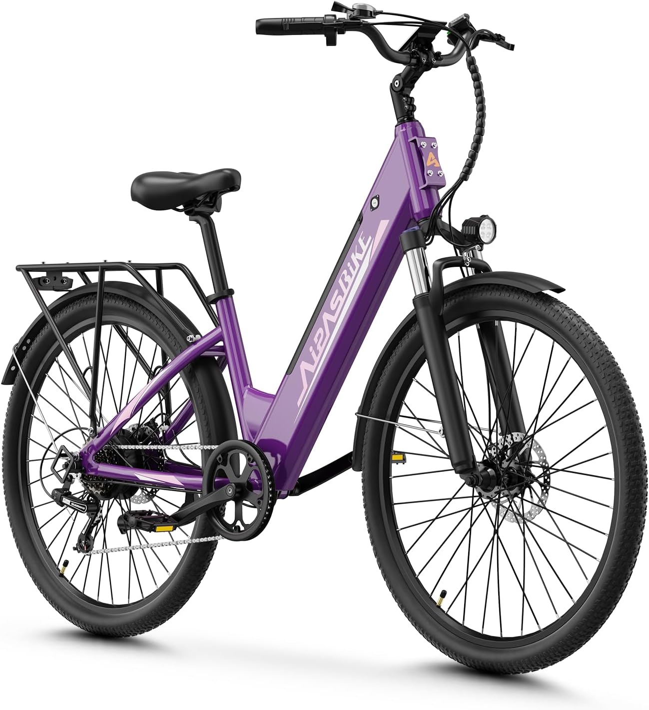 Aipas Electric Bike for Adults with 1100W Motor Peak, 48V 12.8Ah Battery, Max 62 Miles 28MPH, 26' Electric Commuter Bike with 7-Speed and Suspension System