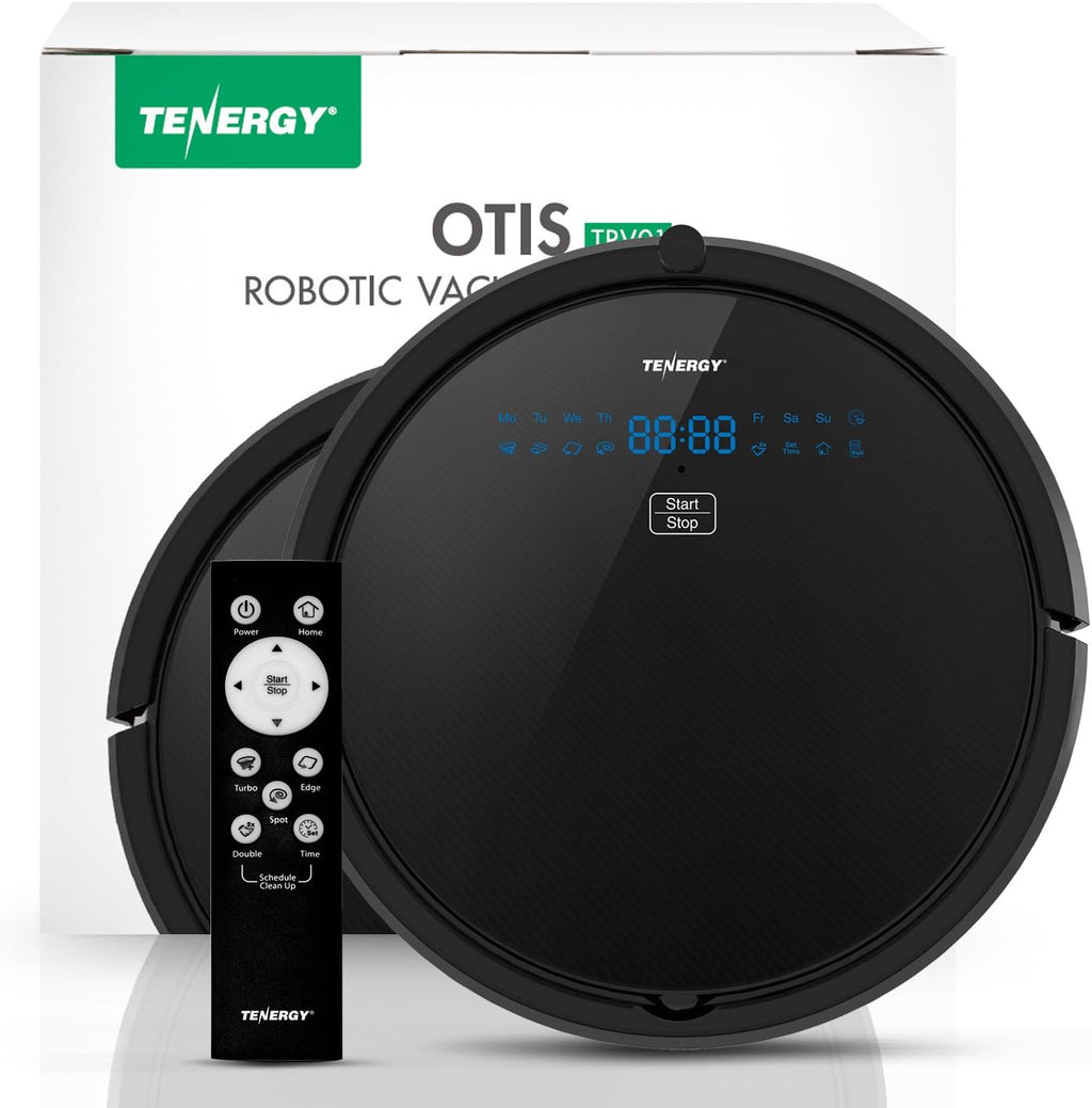 Tenergy Otis Robot Vacuum Cleaner, Max Power Suction Robotic Vacuum, Self-Charging, Smart Sensor, Pet Hair Filter Friendly, Remote Control Vacuum Cleans Hard Floors/Thin Carpets