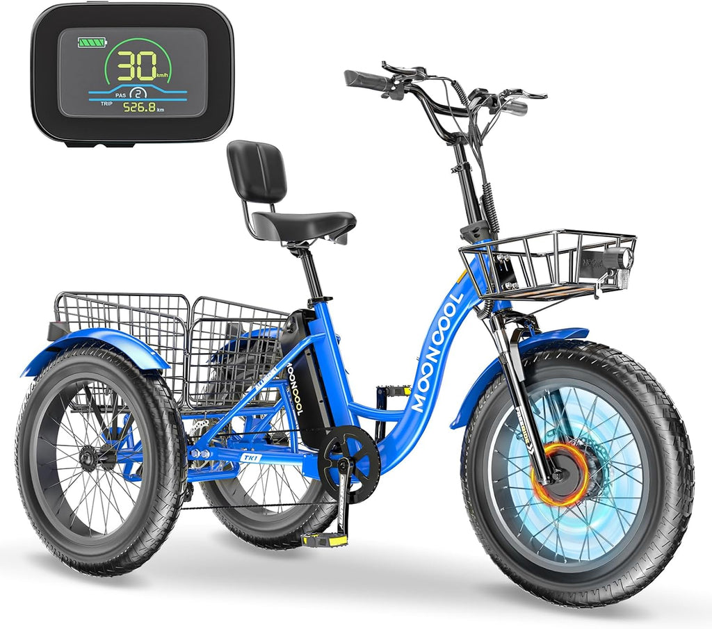 Electric Tricycle Electric Bicycle Electric Trike, 20'' 24'' 26'' 3 Wheel Electric Bike for Adults with 350W Motor, Removable Battery, Adjustable Seat and Bike Basket, Blue, ZT-E20-SL