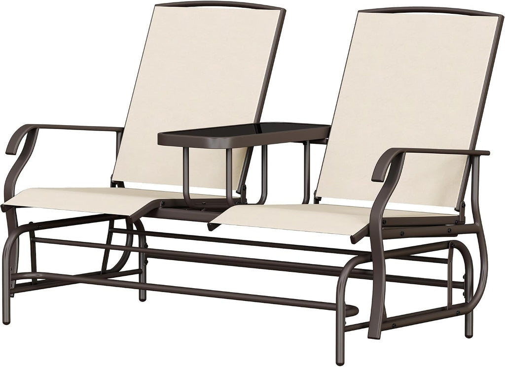 Yaheetech 2-Seat Outdoor Glider with Center Table, Patio Rocking Loveseat with Breathable Mesh Sturdy Metal Frame for Garden Pool Lawn, Beige
