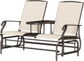 Yaheetech 2-Seat Outdoor Glider with Center Table, Patio Rocking Loveseat with Breathable Mesh Sturdy Metal Frame for Garden Pool Lawn, Beige