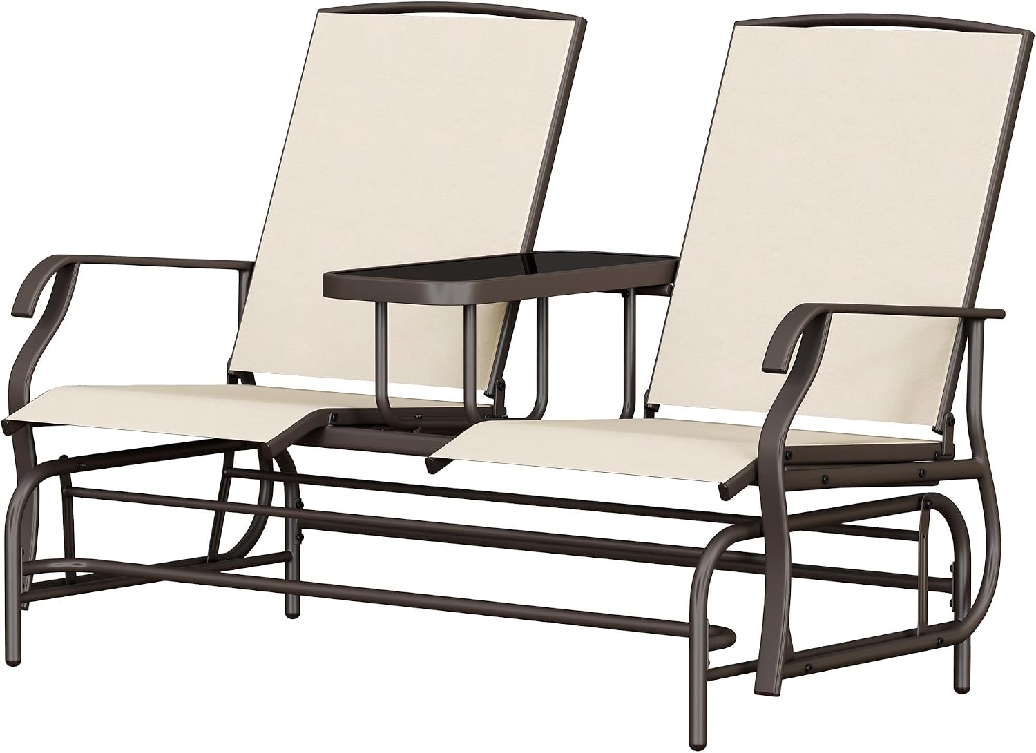 Yaheetech 2-Seat Outdoor Glider with Center Table, Patio Rocking Loveseat with Breathable Mesh Sturdy Metal Frame for Garden Pool Lawn, Beige