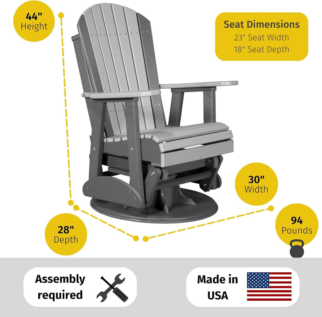 LuxCraft 2' Adirondack Outdoor Swivel Glider Chair, Patio Gliding Rocker, Swiveling Glider Rocking Chair for Outside (Brazilian Walnut & Black)