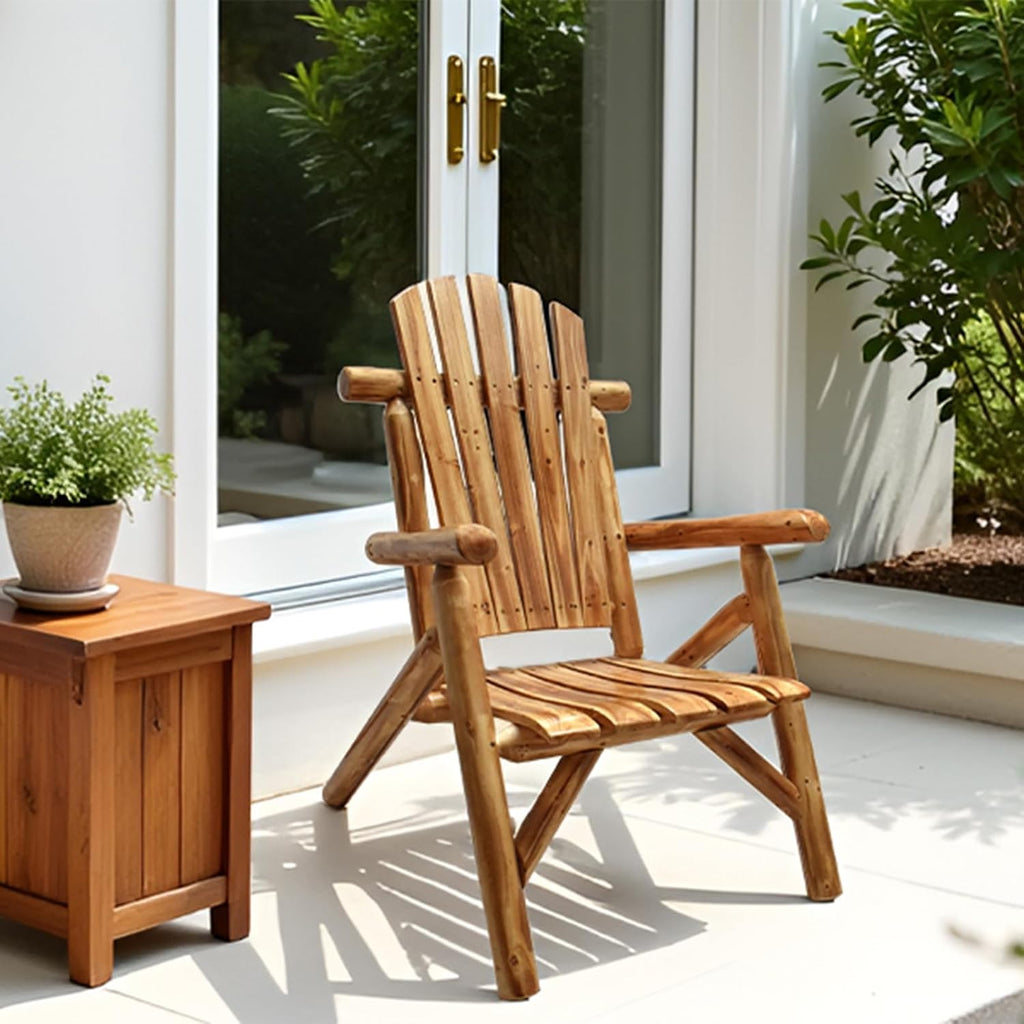 DJL Adirondack Wooden Chair Outdoor Patio Lounge Log Cabin Furniture Rustic Solid Wood Comfortable Seating for Porch, Balcony, Lawn, Fire Pit, Deck, 42.12 Inches Tall, Lightly Toasted