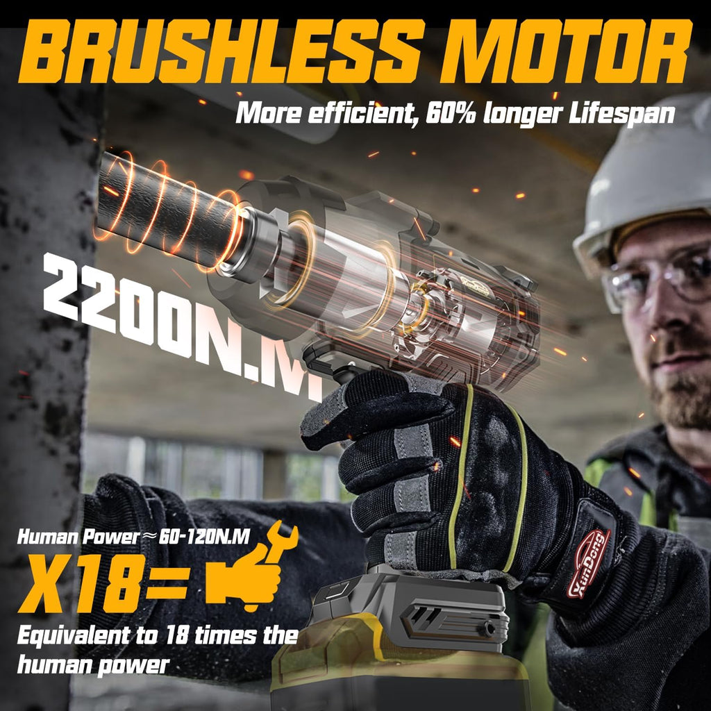Cordless Impact Wrench 1/2' Compatible with Dewalt 20V Battery, 1600Ft-lbs(2200N.m) High Torque Impact Gun Heavy Duty, Brushless Electric Power Impact Driver with 4 Speed Modes & LED Work Light