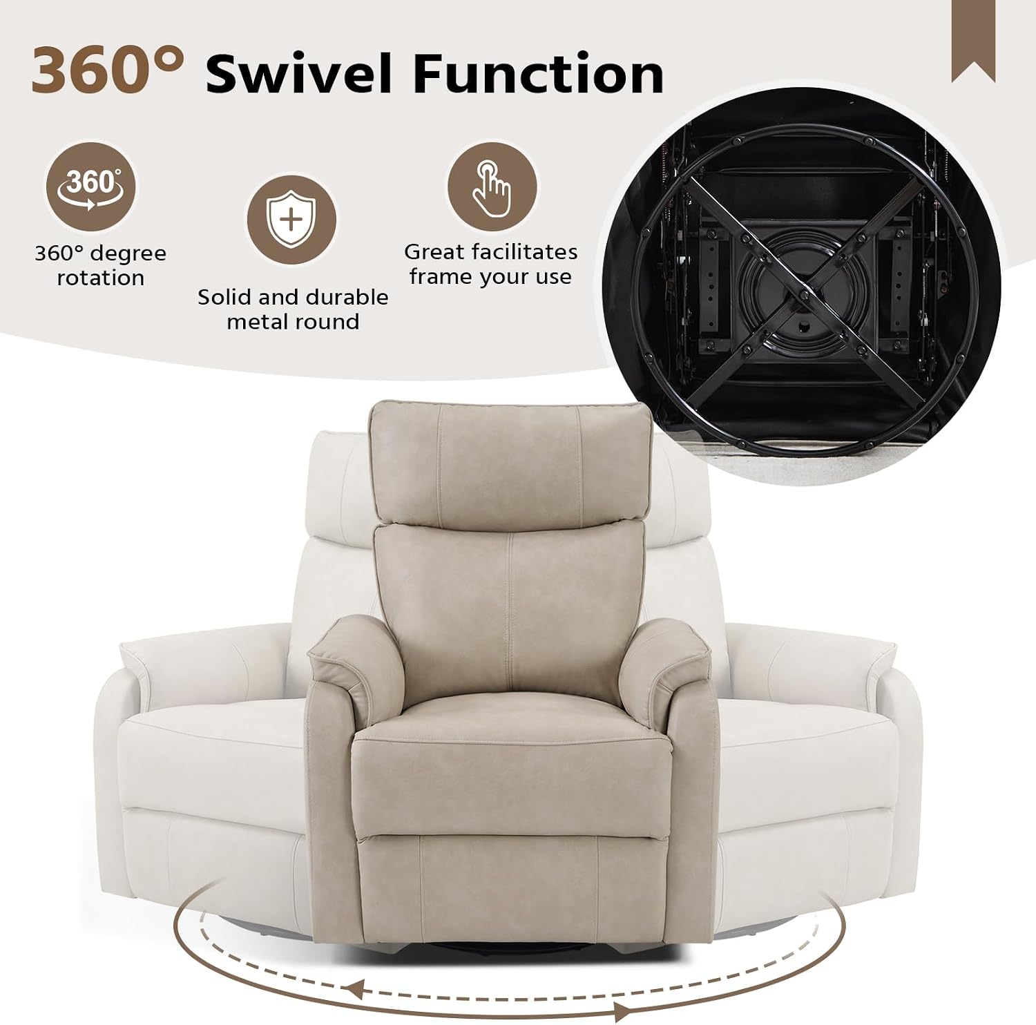 HAOMARKETS Swivel Rocker Recliner Chair, Manual Faux Leather Glider Rocking Recliners for Adults, 360° Swivel Nursery Reclining Sofa with Padded Backrest for Living Room, Beige