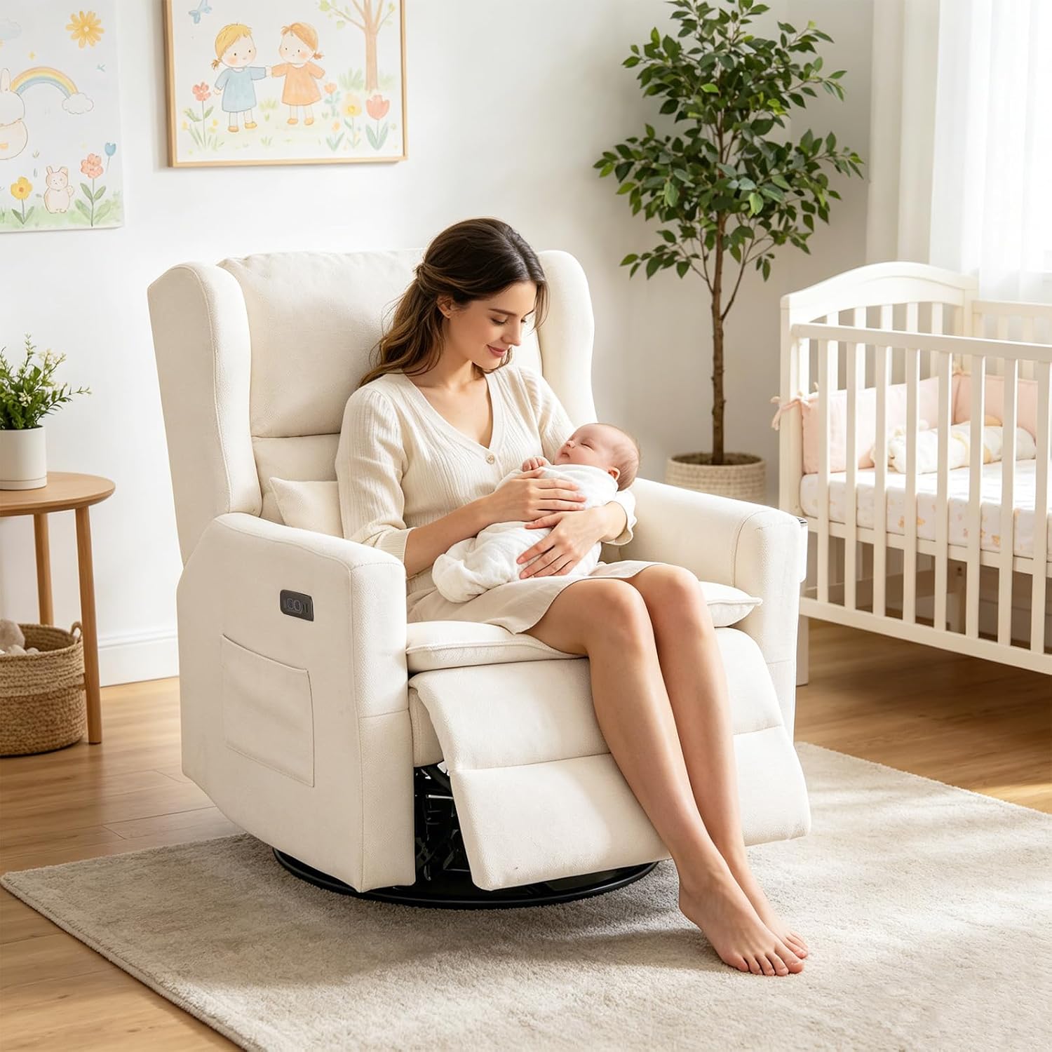 Power Recliner Chair Swivel Glider, Oversized Swivel Rocker Recliner with Adjustable Headrest,Comfy Chenille Glider Rocking Nursery Chair with Overstuffed Lumbar Support, USB Ports, White