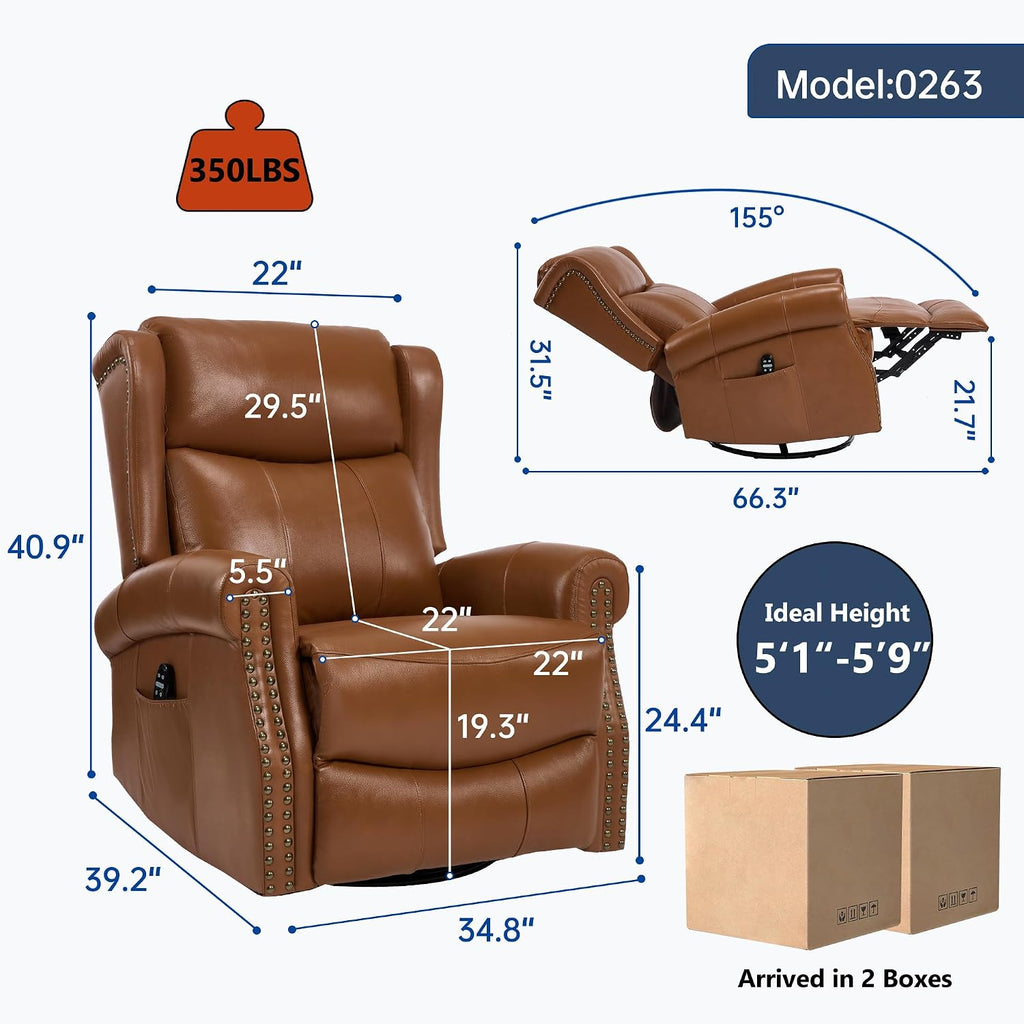 PELUMY Genuine Leather Swivel Rocking Recliner Chair for Adults, 360° Swivel Glider Rocker with Heat & Vibrating Massage, Lounge Chair for Living Room, Bedroom, Nursery (Earth Yellow)