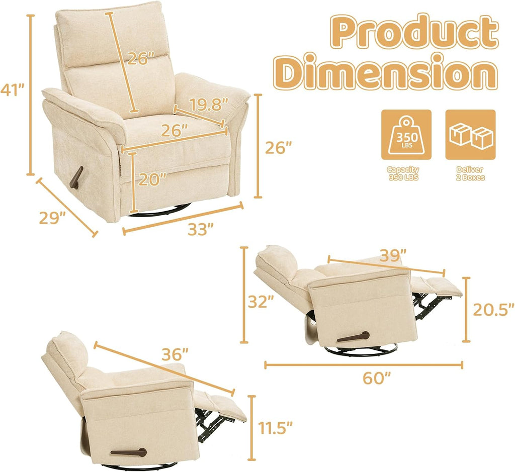 Oversized Swivel Rocker Recliner with Adjustable Headrest, Rocking Chair Nursery with Overstuffed Armrest, Manual Rocker Recliner Nursery Chair for Living Room,Beige