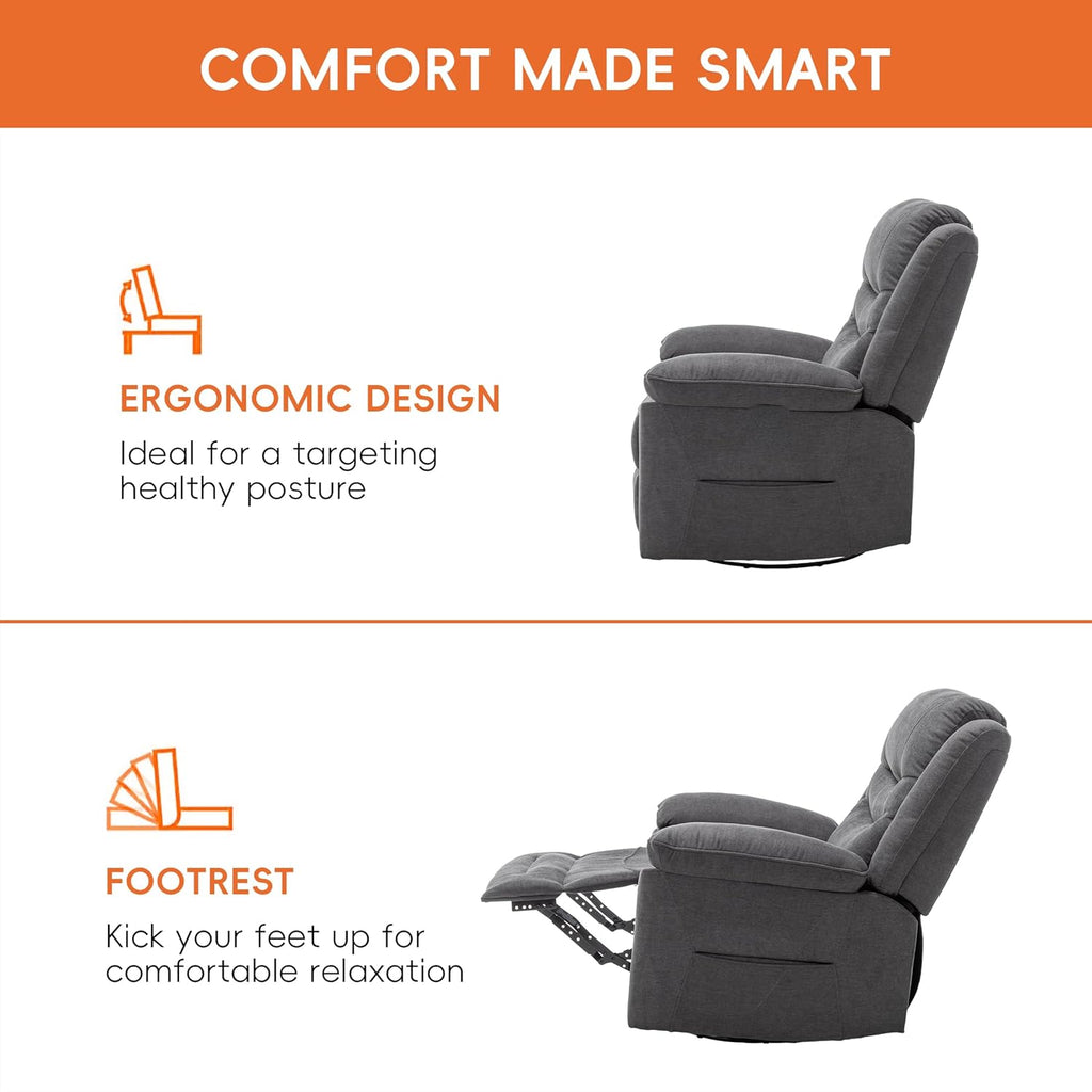 Ketaiyou Power Swivel Rocker Recliner with Massage and Heat, USB Port, Infinite Position, Oversized Electric Glider Rocking Chairs Living Room, Soft Fabric Reclining Sofa Chair (Dark Grey Fabric)