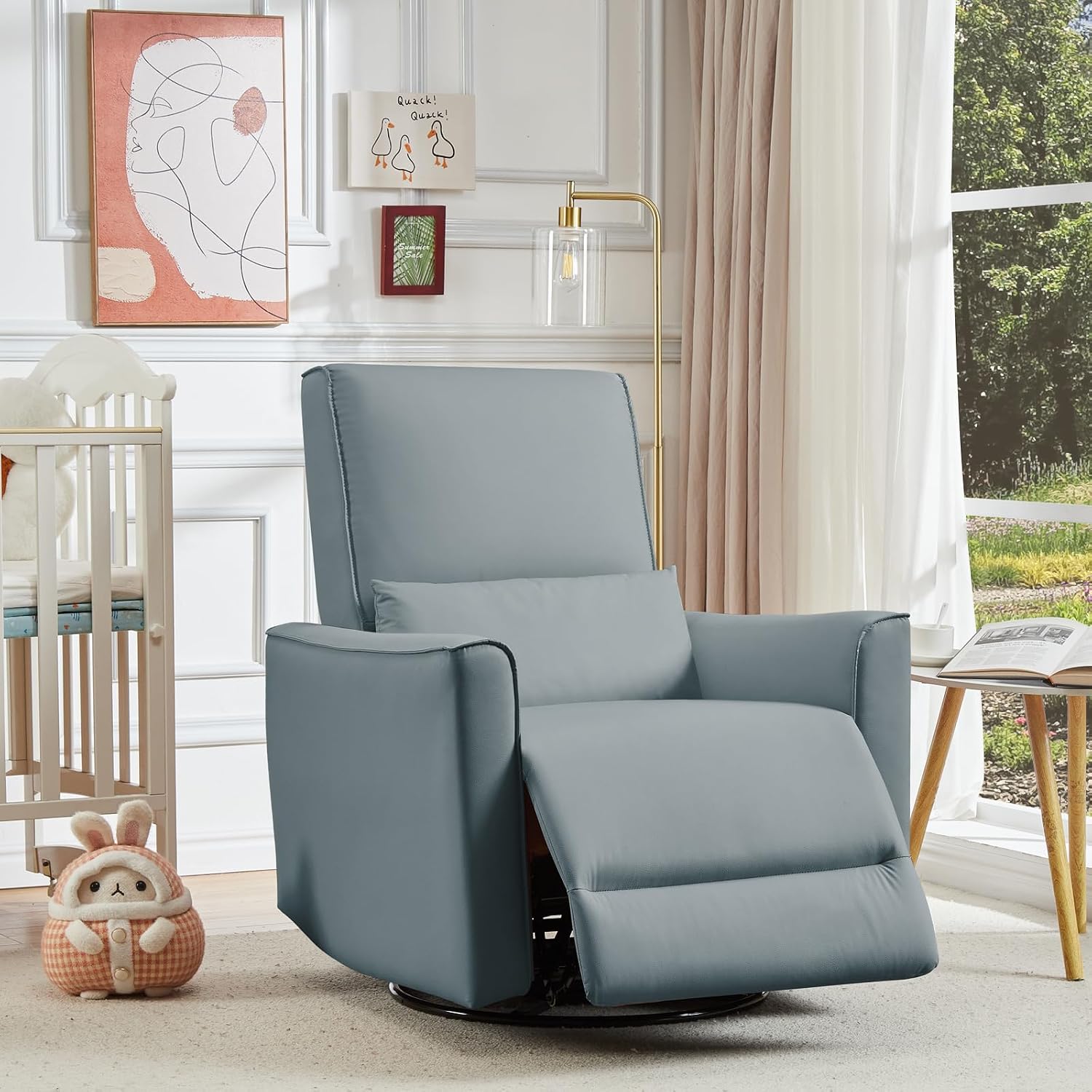 GAOMON Swivel Rocking Recliner Chair, Manual Leather Recliner Glider with Lumbar Support & Padded Armrest, Comfortable Rocker Nursery Single Sofa for Living Room and Bedroom (Gray)