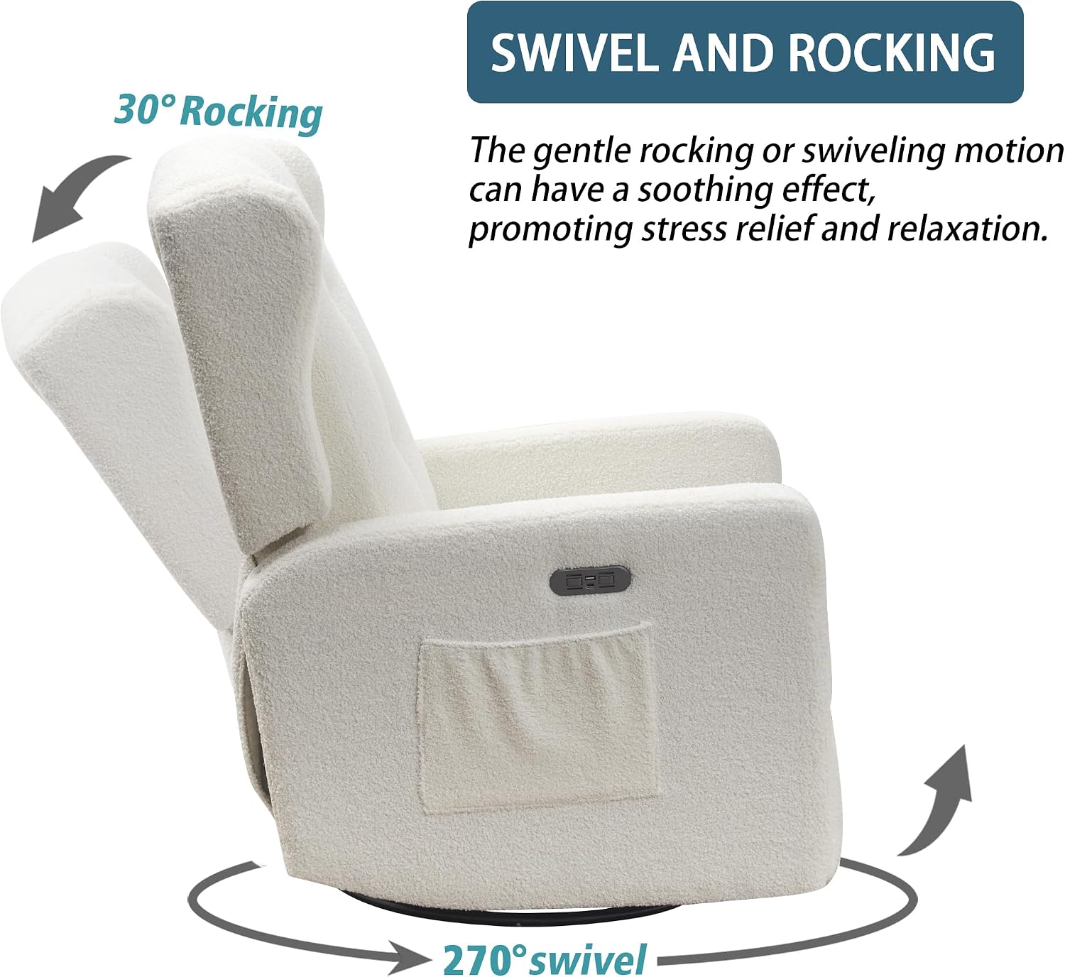 Ketaiyou Power Swivel Rocking Recliner Chair, High Back Electric Rocker Nursery Glider Chair, USB and Type-C Ports, Upholstered Teddy Fabric Reclining Single Sofa Chair for Living Room (Teddy Beige)