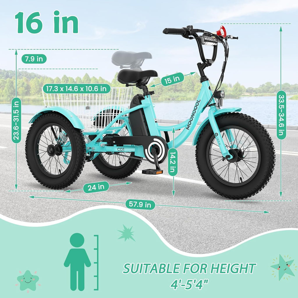 LILYPELLE Electric Tricycle for Youth, 250W Aluminum Frame Electric Tricycle Etrike, 16IN 3 Wheels Electric Bicycle Bikes, 3.0 Fat Tire Electric Trike with Removable Battery and Rear Basket