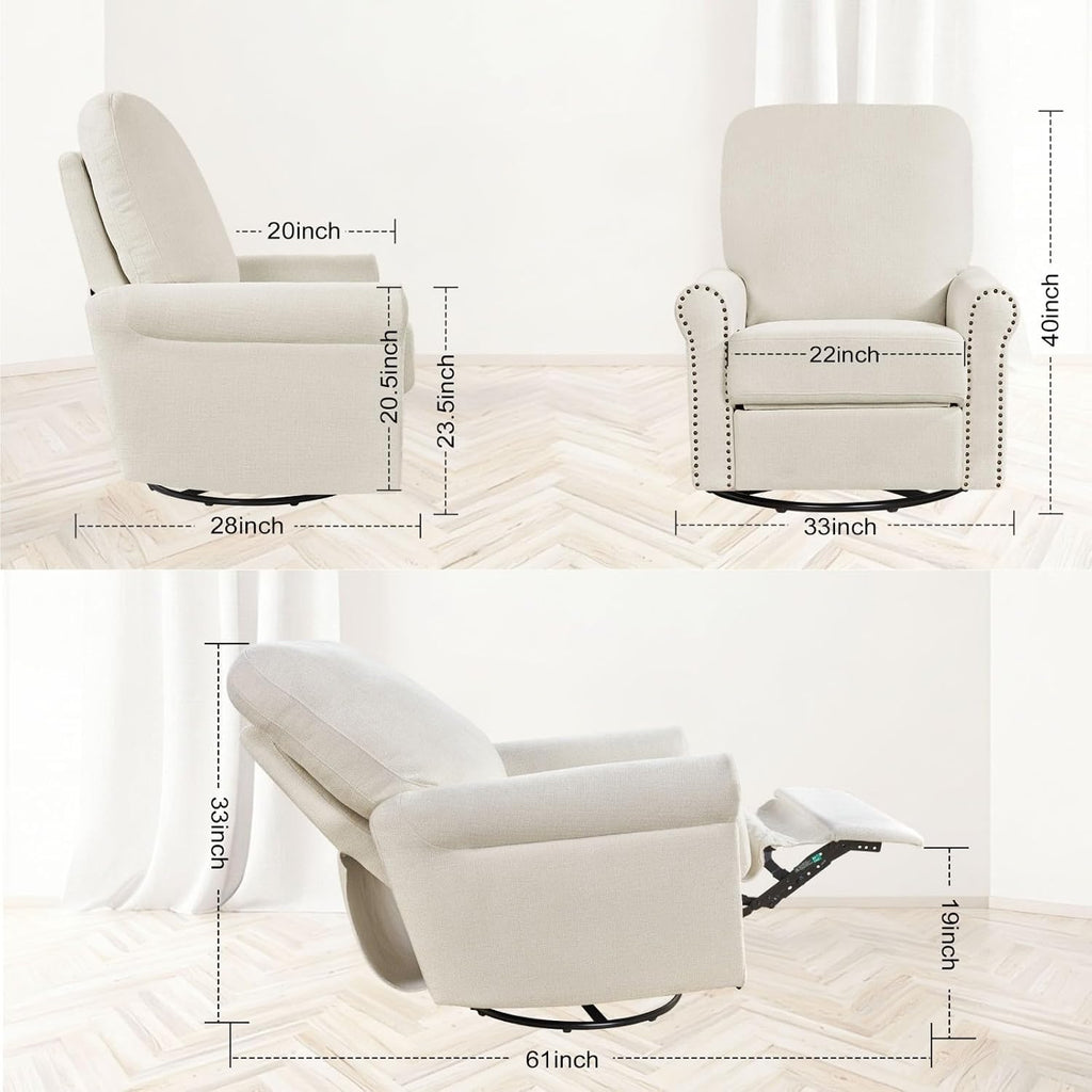 360° Swivel Rocker Recliner Chair with Upholstered Backrest, Small Rocking Recliner for Small Spaces, Chenille Fabric Glider Recliner Nursery Chair (Chenille-Beige, One Chair)