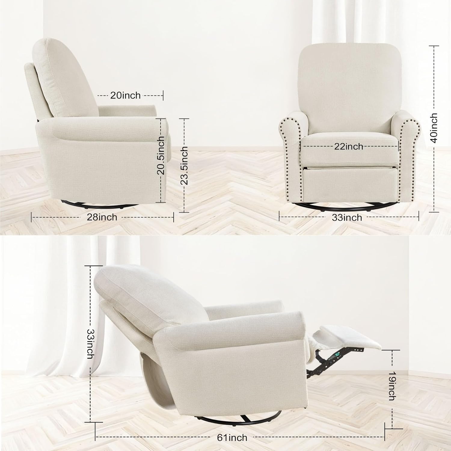 360° Swivel Rocker Recliner Chair with Upholstered Backrest, Small Rocking Recliner for Small Spaces, Chenille Fabric Glider Recliner Nursery Chair (Chenille-Beige, One Chair)