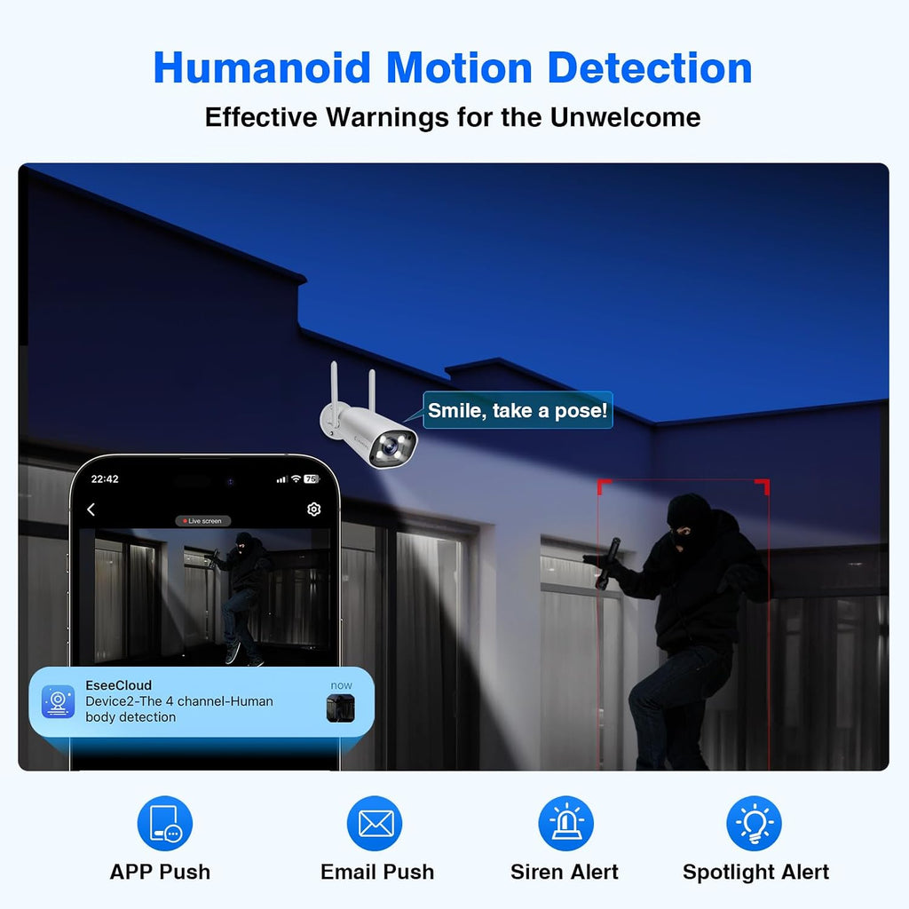 Wireless Security Camera System with 12' Monitor, Human Detection, Floodlight, Siren Alarm, 2-Way Audio, 4PCS 5MP Camera, Expandable 16CH NVR, Home Business Surveillance, 3TB HDD