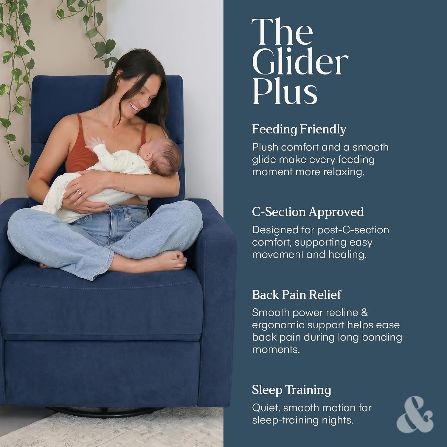 Nurture& The Glider Plus - Premium Nursery Power Recliner | Swivel Chair with Adjustable Head Support and Adjustable Lumbar Support | Built-in USB - The Ultimate Comfort for Nursing, Relaxing (Navy)