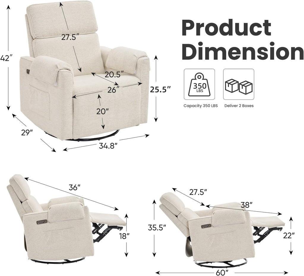 Oversized Power Recliner Chair Swivel Glider with Adjustable Headrest, 26' Extra Wide Glider Nursery Chair with Overstuffed Armrest, USB Ports, Chenille Fabric, White