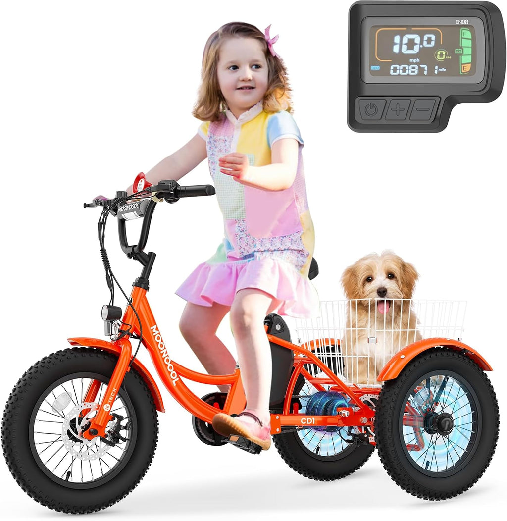 LILYPELLE Electric Tricycle for Youth, 250W Aluminum Frame Electric Tricycle Etrike, 16IN 3 Wheels Electric Bicycle Bikes, 3.0 Fat Tire Electric Trike with Removable Battery and Rear Basket