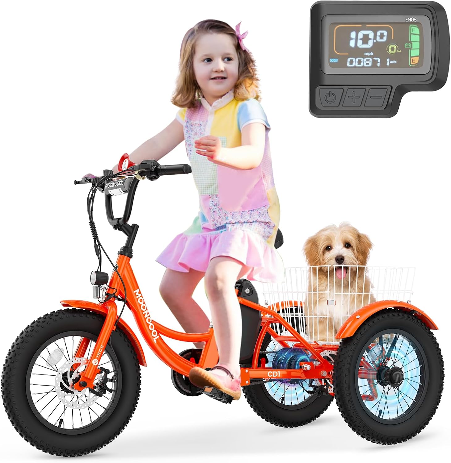 LILYPELLE Electric Tricycle for Youth, 250W Aluminum Frame Electric Tricycle Etrike, 16IN 3 Wheels Electric Bicycle Bikes, 3.0 Fat Tire Electric Trike with Removable Battery and Rear Basket