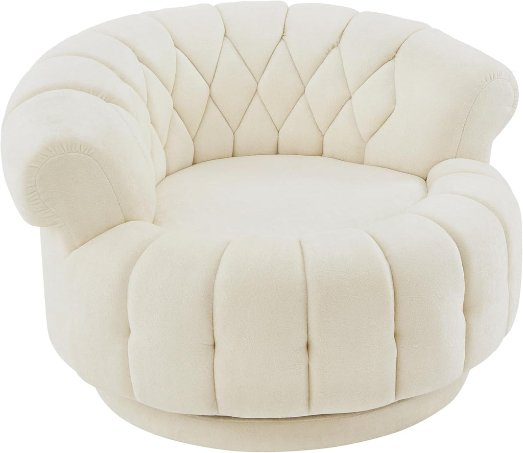 360° Swivel Accent Chair, Chenille Fabric Barrel Swivel Chair Round Club Chair with Curved Armrests & Thick Cushioning, Stylish Channel-Tufted & Diamond-Quilted Backrest for Living Room (Beige,02)