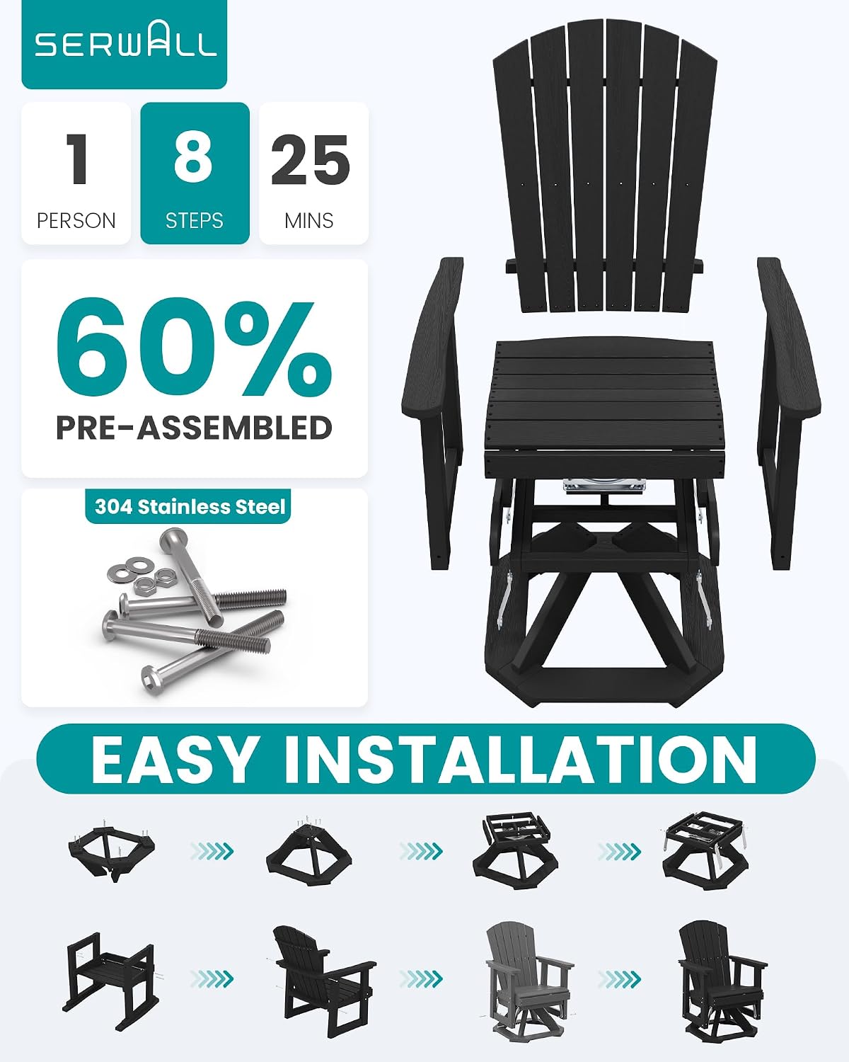 SERWALL Adirondack Swivel Glider Chair, HDPE All-Weather Patio Glider, 360 Degree Single Seat Glider Chair for Outdoor, Black