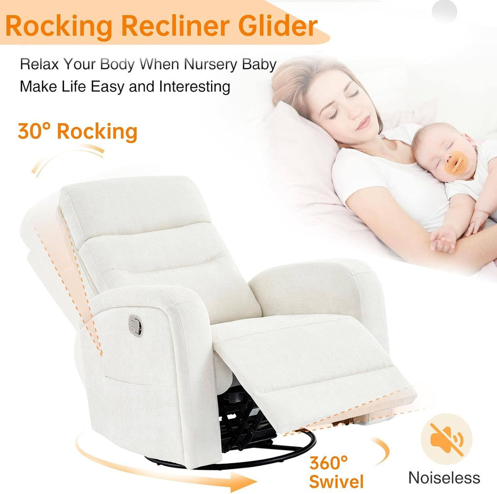 Swivel Rocker Recliner for Nursery, Upholstered Swivel Recliner Chairs, Glider Rocking Chairs Nursery Recliner, White Reclining Rocking Chairs for Living Room, Bedroom, Chenille Fabric
