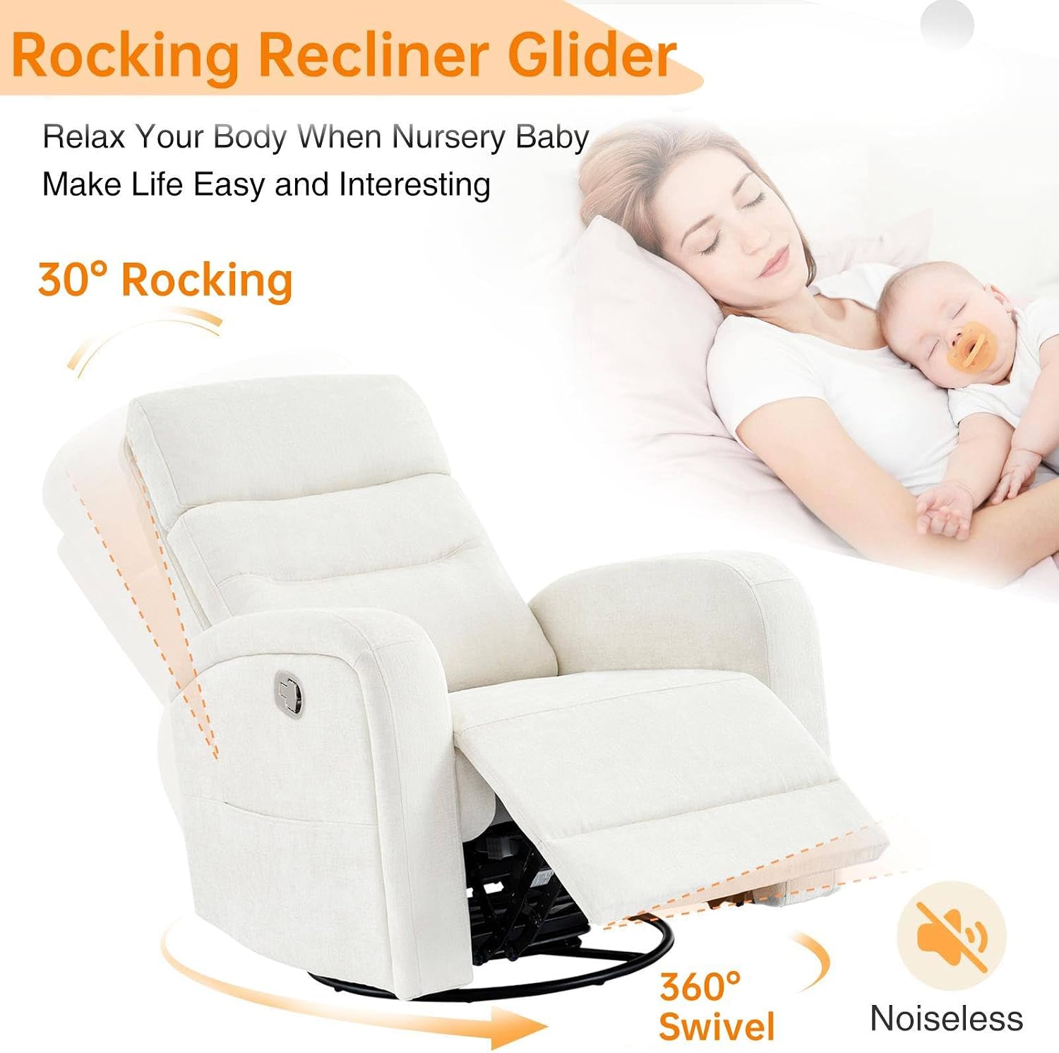 Swivel Rocker Recliner for Nursery, Upholstered Swivel Recliner Chairs, Glider Rocking Chairs Nursery Recliner, White Reclining Rocking Chairs for Living Room, Bedroom, Chenille Fabric