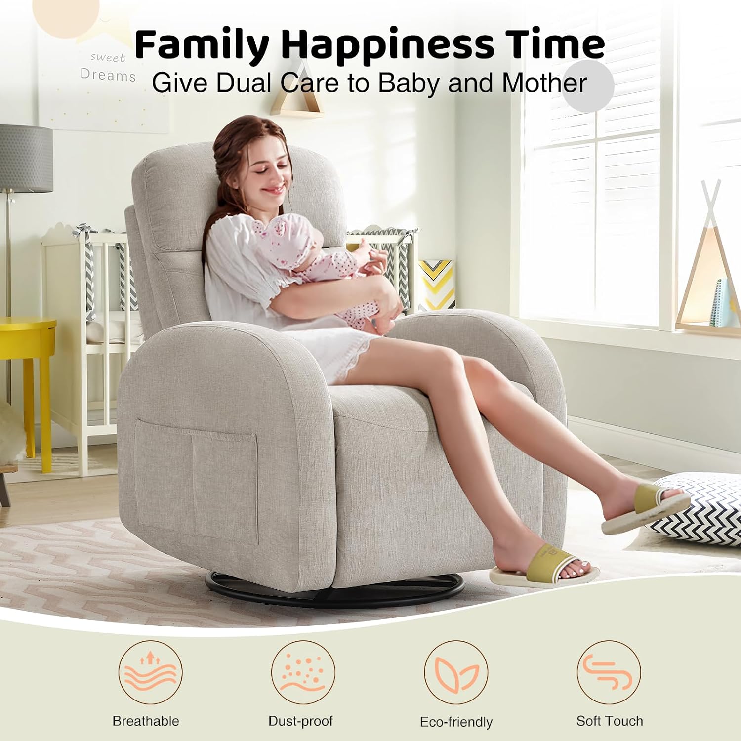 Manual Swivel Rocker Recliner, Nursery Rocking Chair with Lumbar Support, Chenille Nursering Glider Recliners with Double Pockets for Living Room, Camel