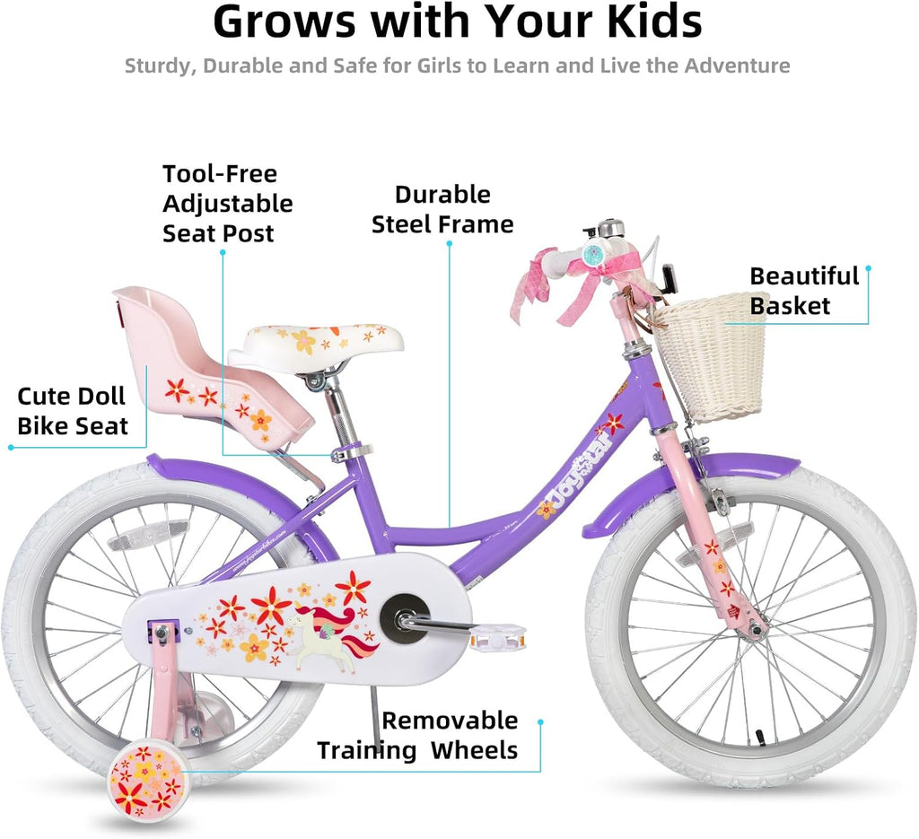 JOYSTAR Unicorn Kids Bike for Girls Ages 2-9 Years Old, 12 14 16 18 Inch Kids Bike with Training Wheels, Doll Seat, Streamers and Basket, Toddler Girl Bicycle, Multiple Colors