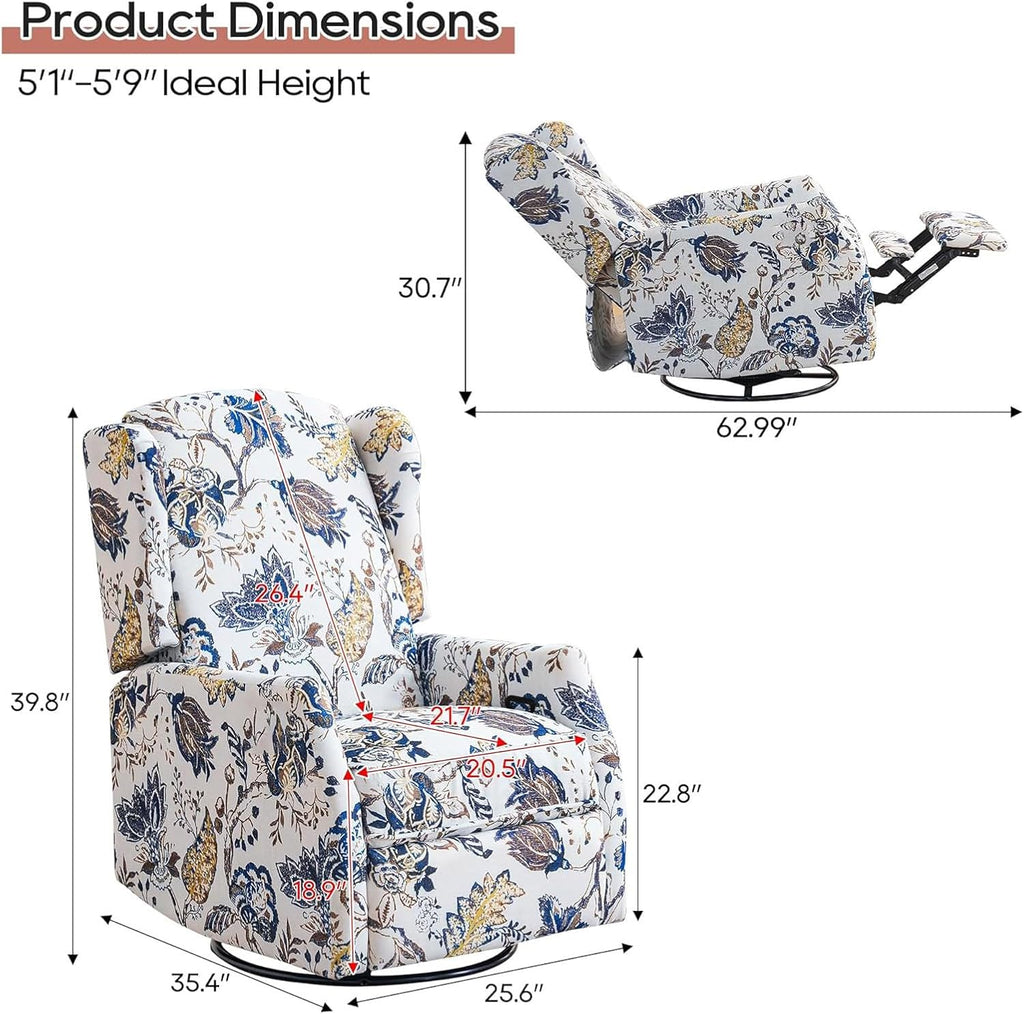GUEAPY Swivel Rocker Recliner - Printed Modern Wingback Chair for Living Room, Nursery With Adjustable Backrest & Footrest, 360 Degree Swivel, Rocking, Blue Floral