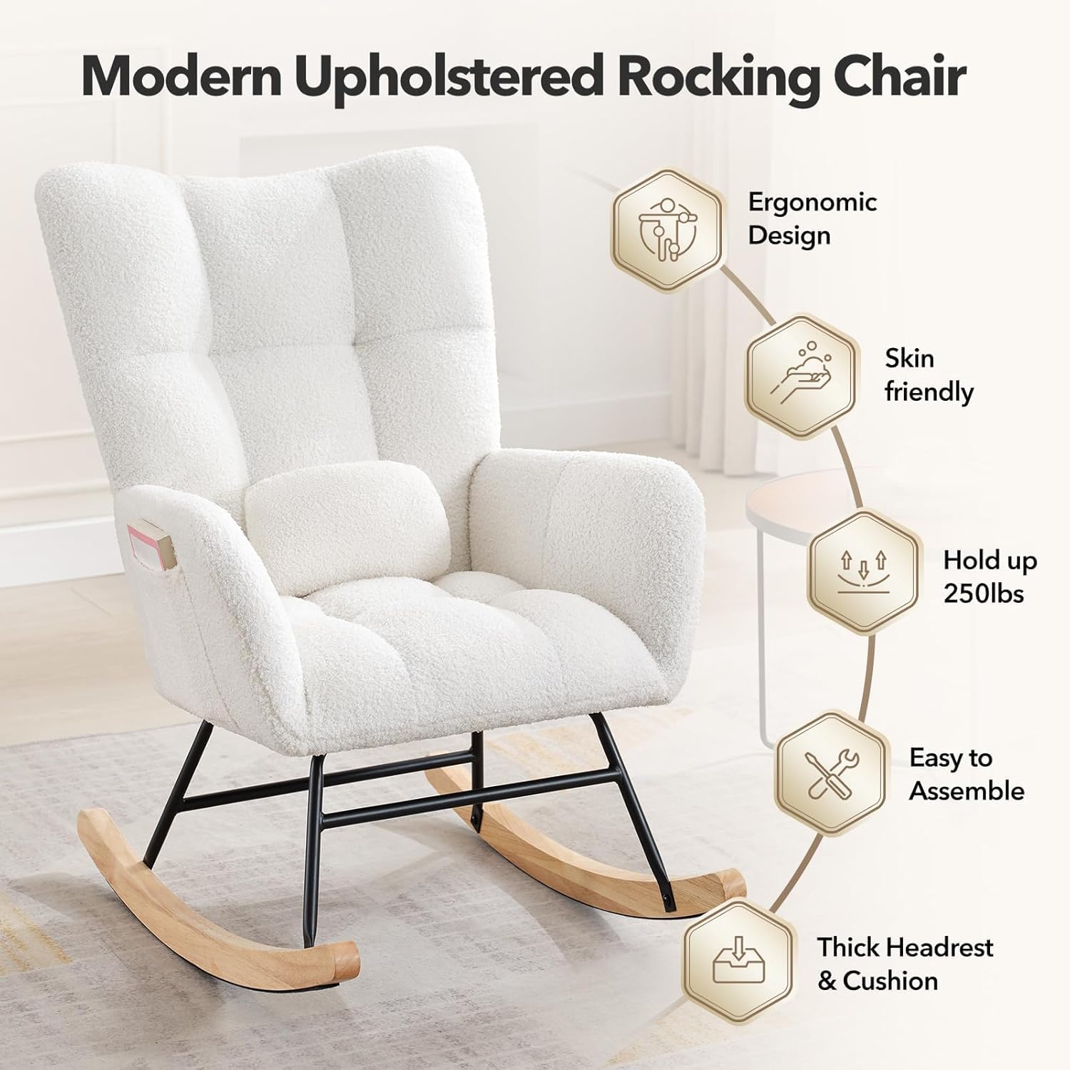 Rocking Chair Nursery Teddy with Pillow&High Backrest Armchair,Fabric Upholstered Accent Chair Nursing Chairs for Living Room, Bedroom,Beige