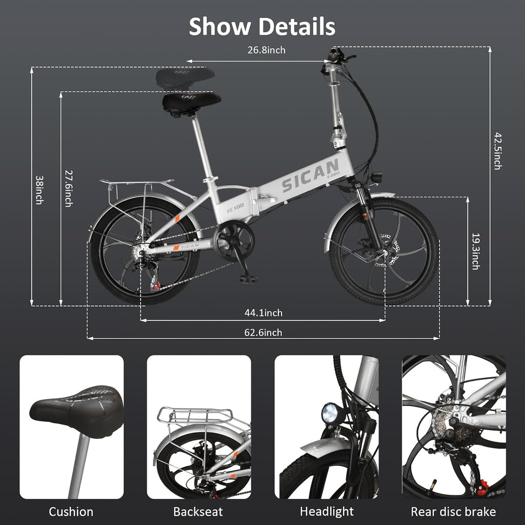 Folding Electric Bike for Adults, Electric Bicycle with Removable Battery,50 Mile Range,1000W Peak Motor, Shock Absorber, Disc Brake, 20' Tires