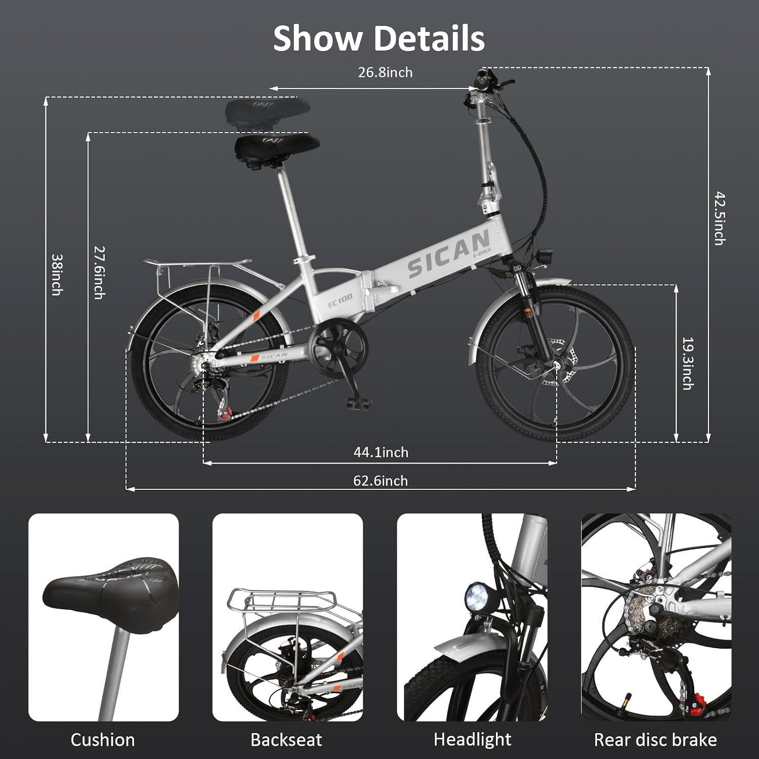 Folding Electric Bike for Adults, Electric Bicycle with Removable Battery,50 Mile Range,1000W Peak Motor, Shock Absorber, Disc Brake, 20' Tires