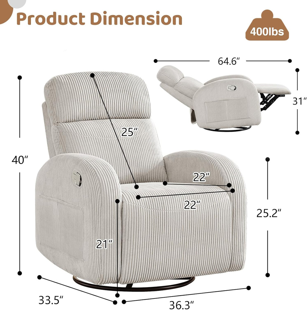 Swivel Recliner Rocker Nursery, Nursering Glider Recliner, Manual Swivel Rocking Reclining with Double Pockets for Living Room,Corduroy Camel