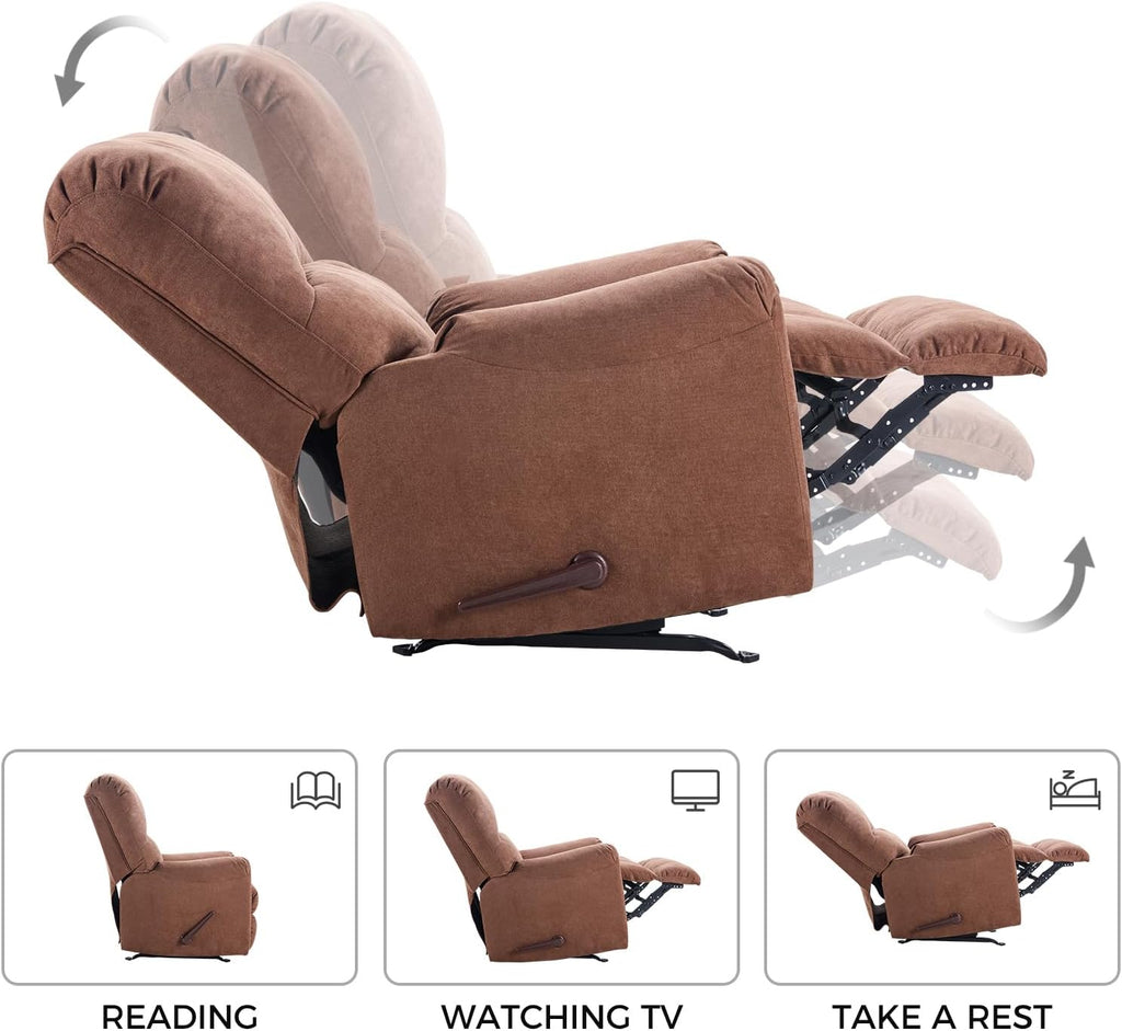 CANMOV Rocker Recliner Chair, Manual Recliner Chair with Overstuffed Back and Arms for Adults, Nursery Rocking Glider Reclining Single Sofa for Living Room, Brown