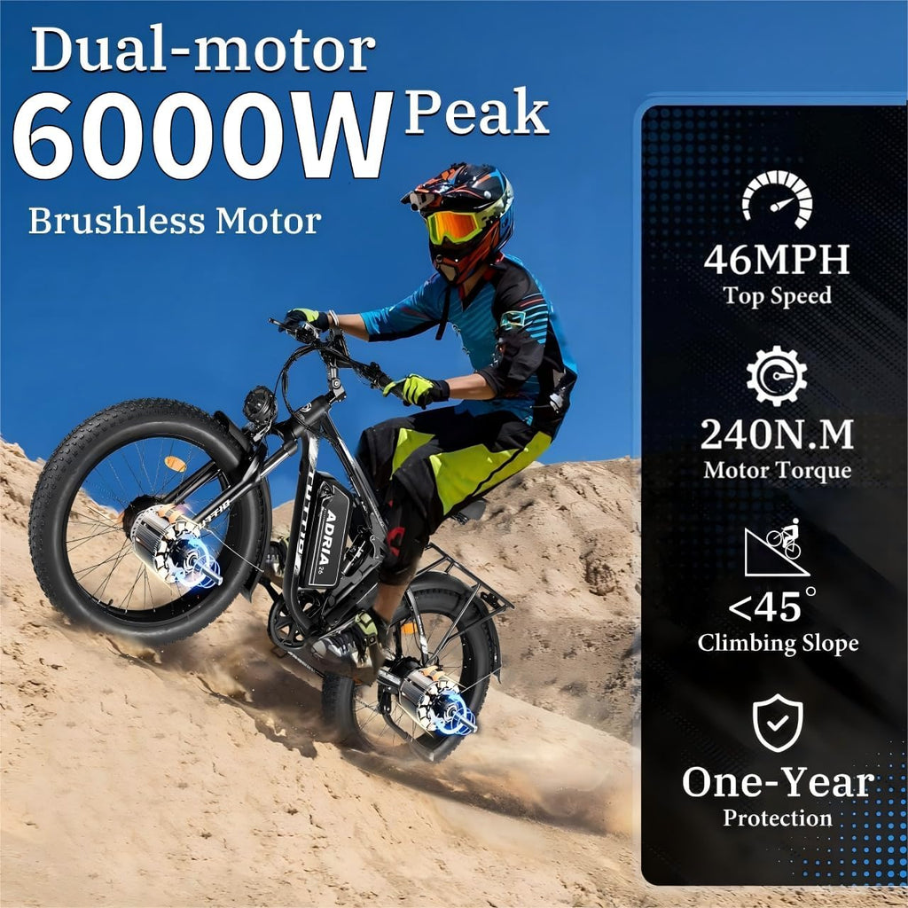 Tuttio-Adria26 6000W/5000W Peak Dual-Motor Ebike for Adults - 52V Fast Ebike, Long-Range Electric Bicycle, Full Suspension, 26 Inch Fat Tire Bike for Off-Road, Mountain, Snow, Hunting, Commuting