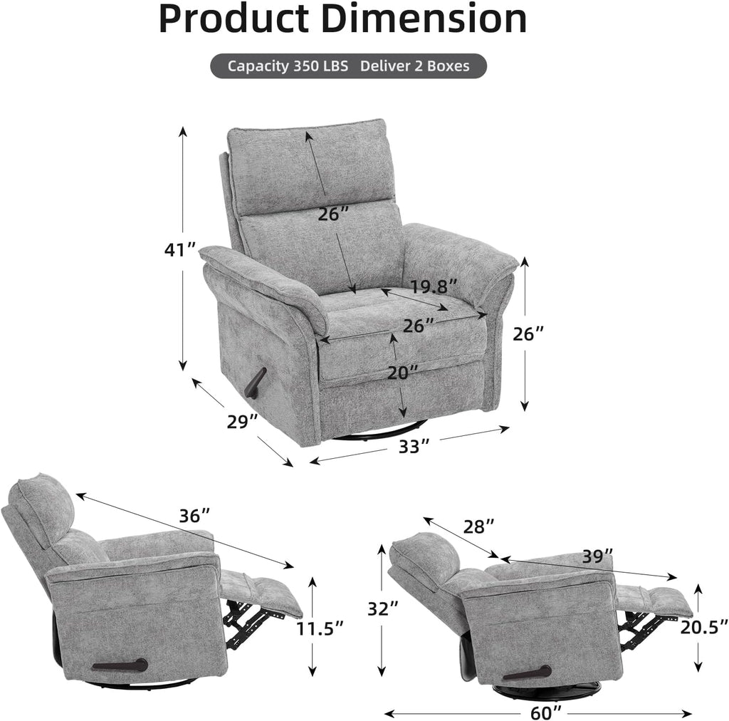 Oversized Glider Rocker Recliner, 26' Extra Wide 360° Swivel Nursery Recliner with Adjustable Headrest, Chenille Rocking Nursery Chair with Overstuffed Armrest, Lumbar Support, Light Grey