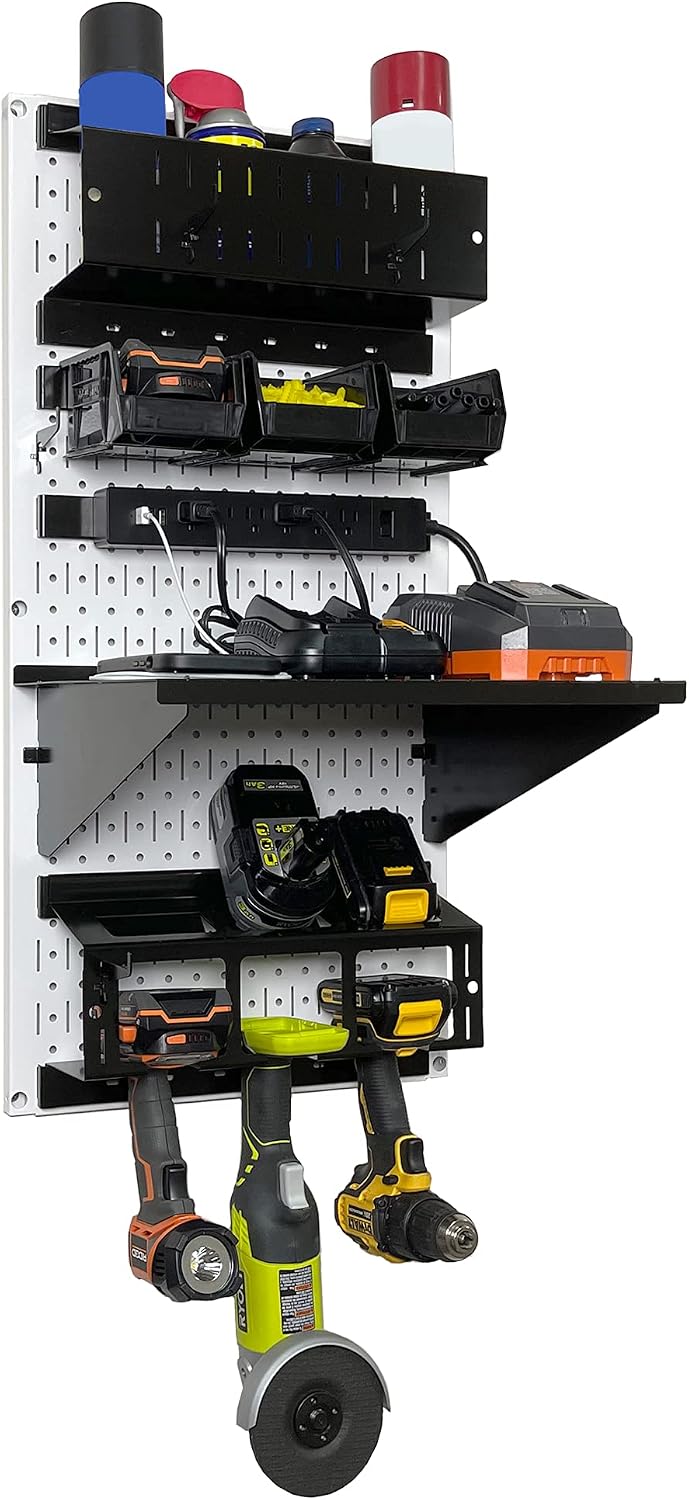 Wall Control Power Tool Storage Organizer Kit Cordless Drill Holder Charging Station Rack 16' x 32' Metal Pegboard Organization System (White Pegboard)