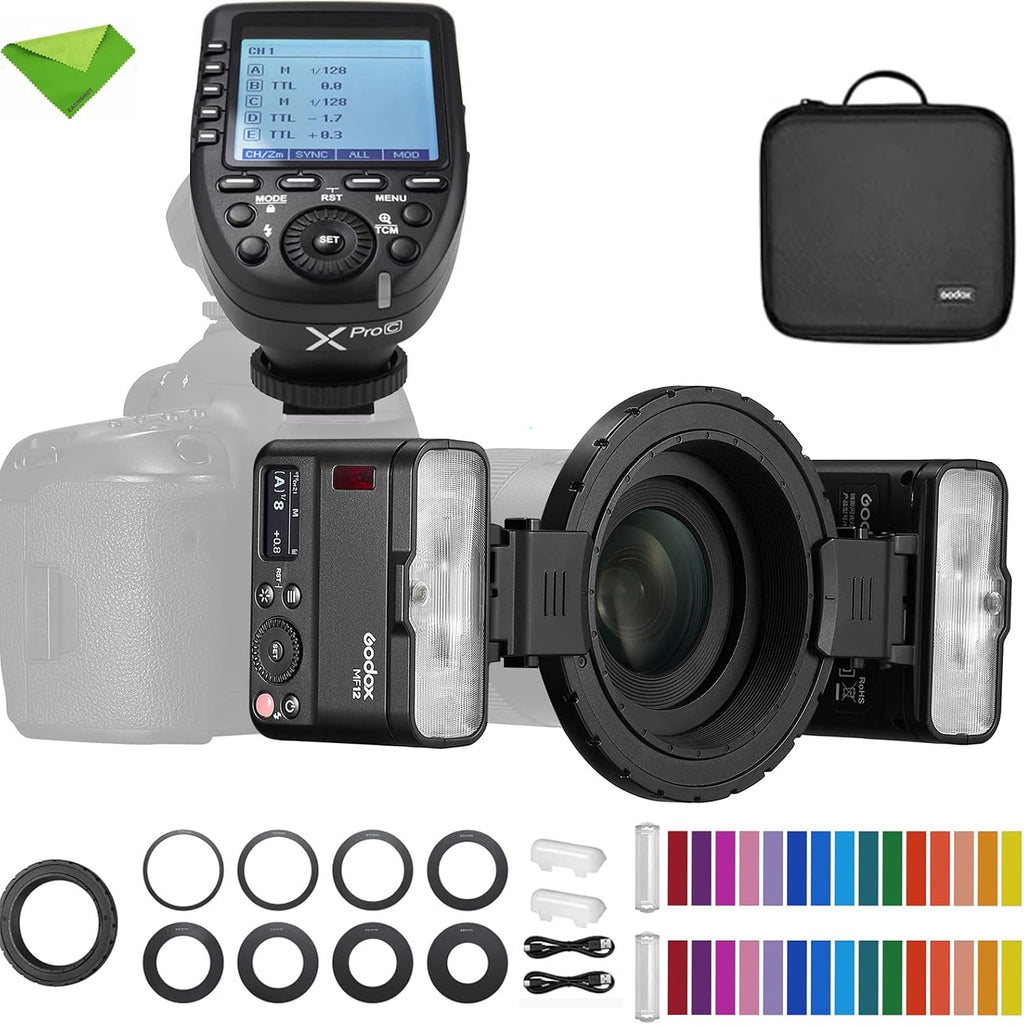 Godox MF12 MF12-K2 Macro Flash w/Xpro-C Trigger Off-Camera TTL Flash Speedlite 12W, 2.4G Wireless Control, TTL/M Mode, Built-in 3.7V/6.29W Lithium Battery, Compatible with Canon