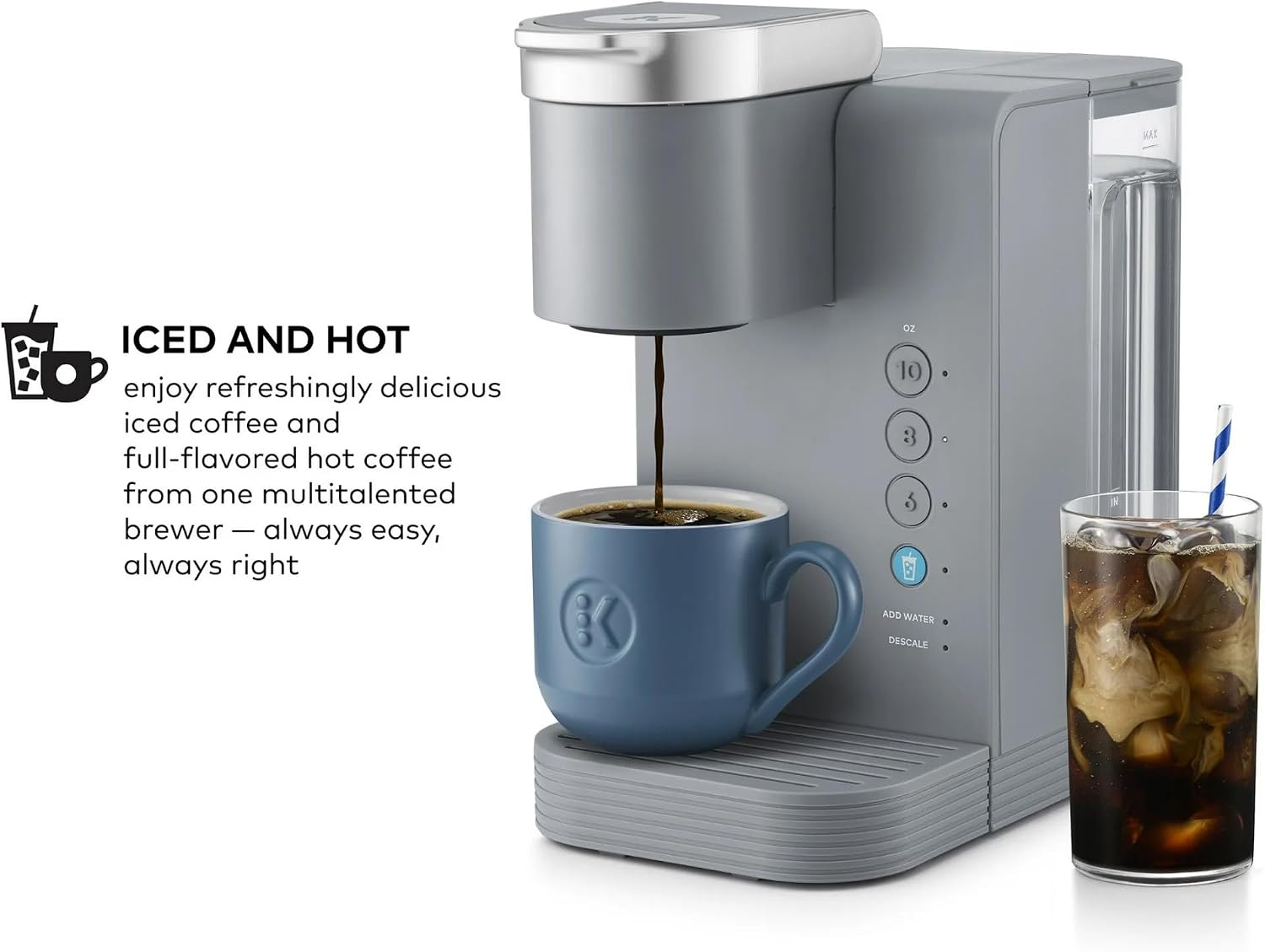 K-Iced Essentials Coffee Maker, Single-Serve KCup Pod Brewer with Removable Reservoir and Auto-Off, Energy Efficient, Includes K Iced Tumbler, Compact, Arctic Gray