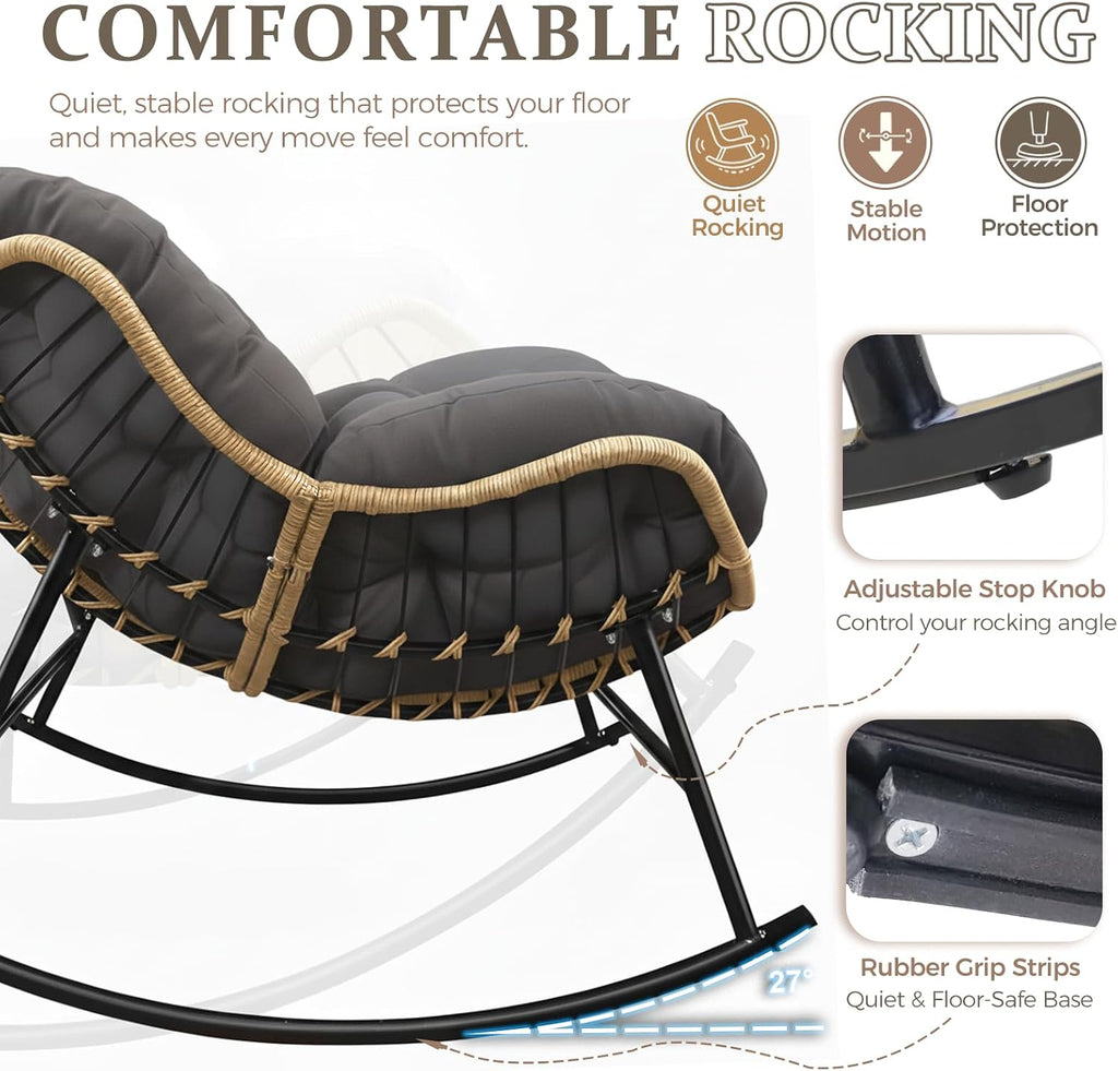 FINCATI Indoor Outdoor Papasan Rocking Chair, Modern Large Reading Lounge Recliner with Cushion, Comfy Big Wicker Rattan Egg Chairs, 450 lbs Sturdy Glider for Bedroom Living Room Porch Garden Grey